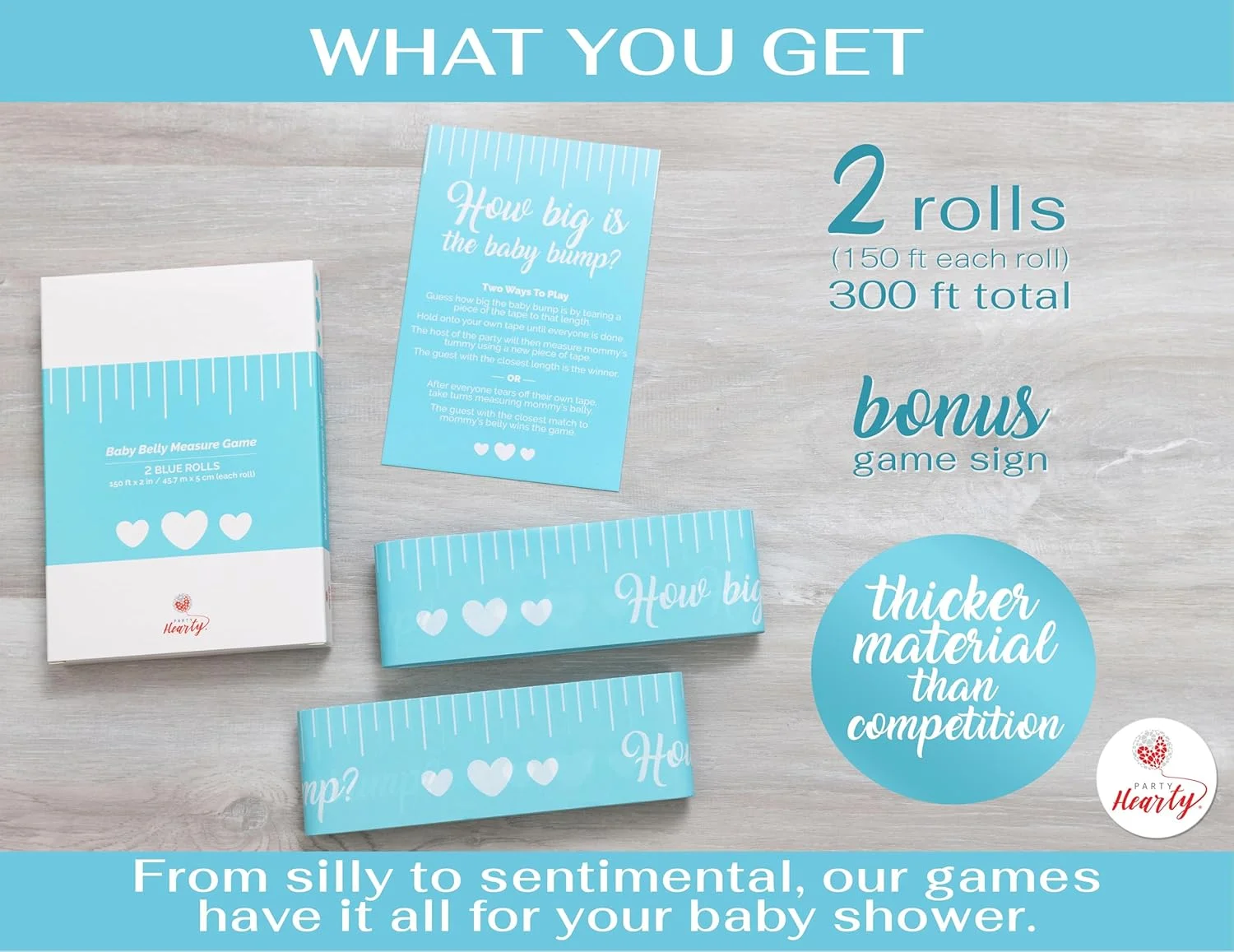 بازی های جشن نوزاد پسر Party Hearty، 2 رول نوار اندازه گیری شکم 2 اینچ در 150 فوت، نوار اندازه گیری آبی، سرگرم کننده و آسان برای بازی، لوازم و هدایای مهمانی