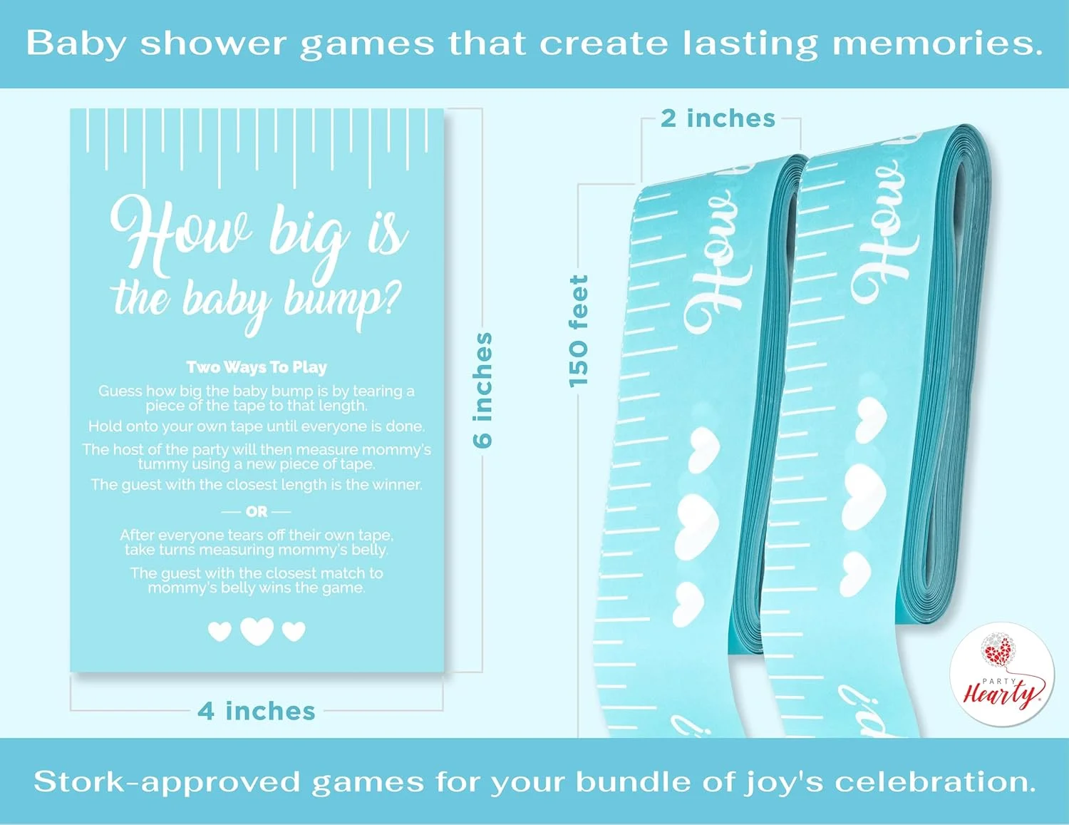 بازی های جشن نوزاد پسر Party Hearty، 2 رول نوار اندازه گیری شکم 2 اینچ در 150 فوت، نوار اندازه گیری آبی، سرگرم کننده و آسان برای بازی، لوازم و هدایای مهمانی