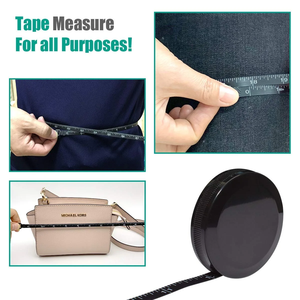متر خیاطی MGSKINT برای اندازه گیری بدن، متر پارچه ای برای خیاطی، اندازه گیری پارچه (جمع شونده دو طرفه مشکی)