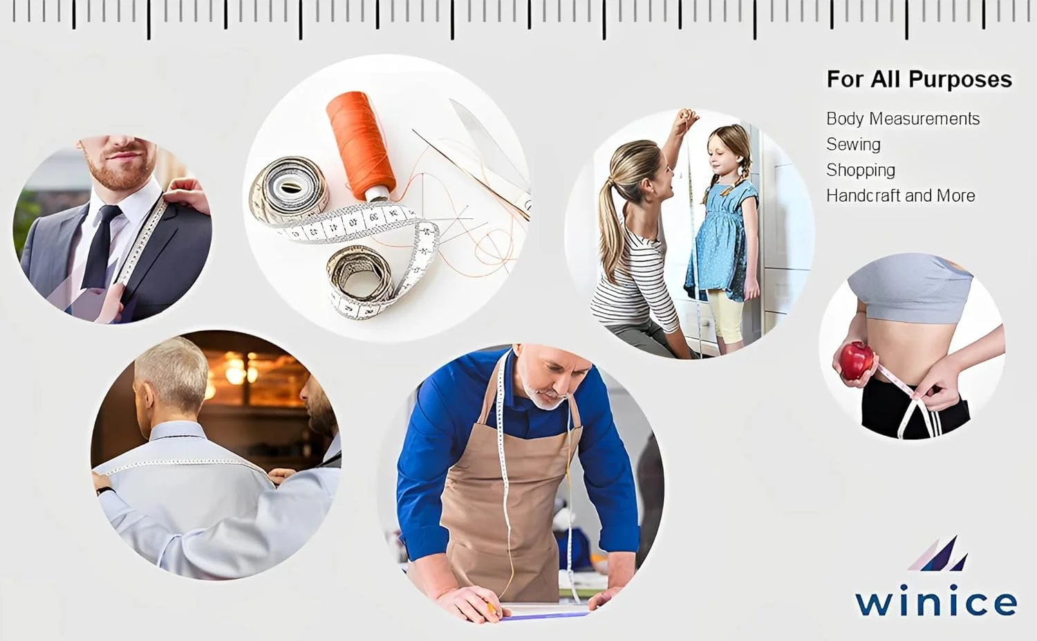 متر خیاطی دو طرفه Winice | مناسب برای اندازه گیری بدن | متر خیاطی / خط کش | جنس فایبرگلاس بادوام و انعطاف پذیر | 150 سانتی متر | 60 اینچ | رنگ سفید