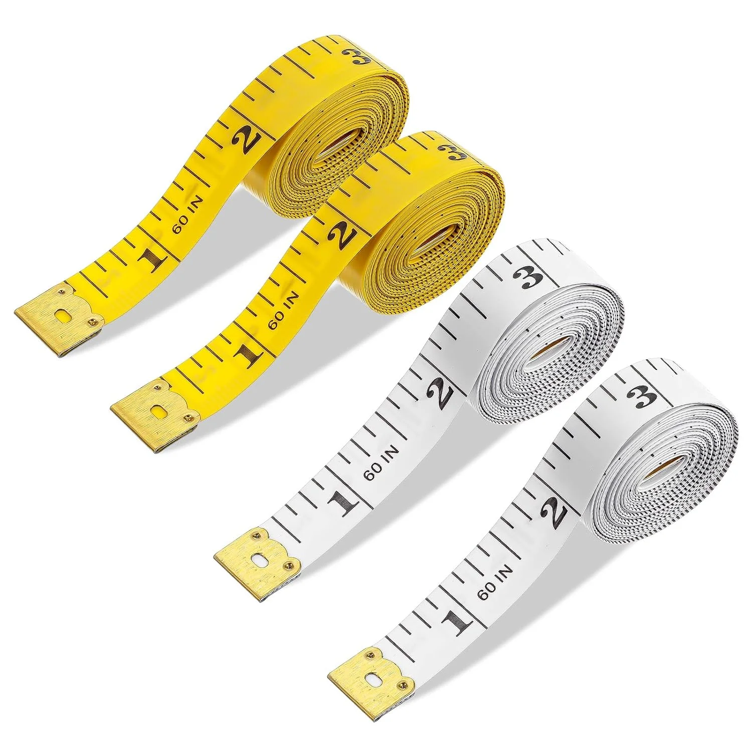 بسته 4 عددی متر نواری نرم و متر اندازه گیری بدن، خط کش دو مقیاسی 60 اینچی برای اندازه گیری پارچه خیاطی کاهش وزن بدن برای کاردستی و ردیابی کاهش وزن (زرد و سفید)