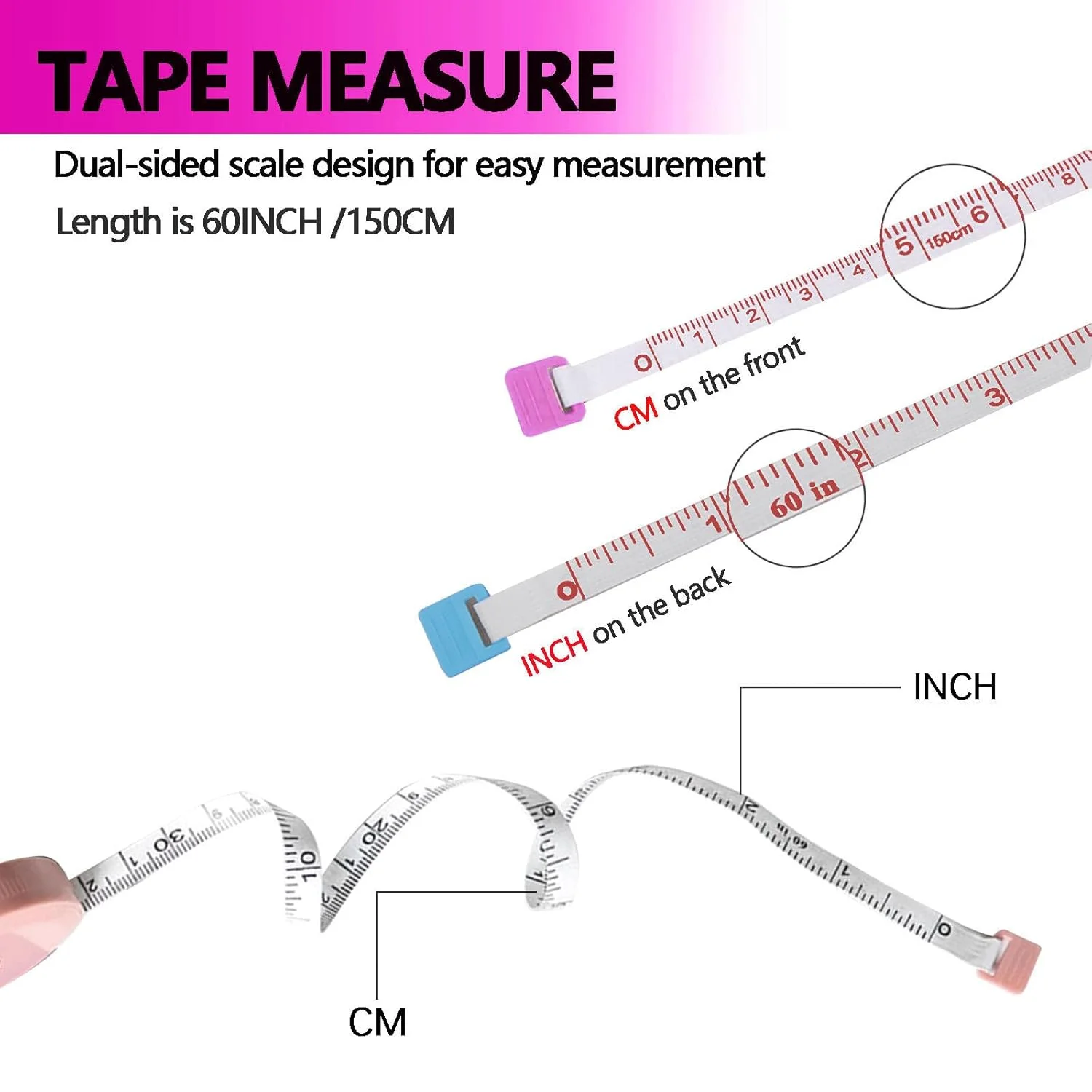 بسته 3 عددی متر نواری جمع شونده برای بدن، متر اندازه گیری 60 اینچی 1.5 متری دو طرفه انعطاف پذیر برای مصارف پزشکی، صنایع دستی، پارچه، خیاطی، کاهش وزن (آبی، بنفش، صورتی)