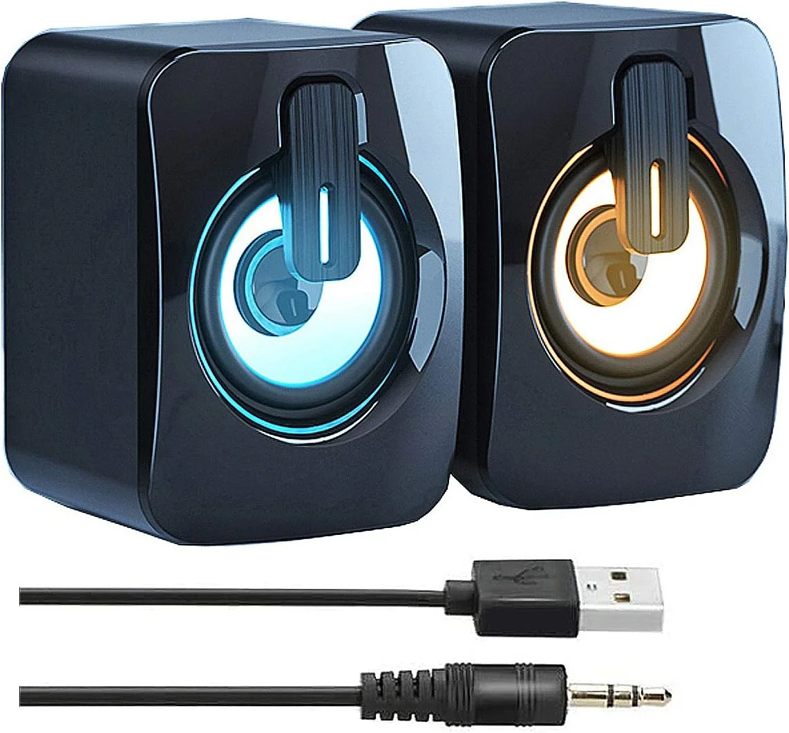اسپیکرهای کامپیوتر USB، اسپیکرهای استریو PC با کنترل صدا، نورپردازی RGB LED، صدای فراگیر ساب ووفر، اسپیکرهای سیمی صوتی گیمینگ با ورودی 3.5 میلی‌متری، اسپیکرهای رومیزی برای PC، لپ‌تاپ، تبلت، تلویزیون (1187 مشکی)
