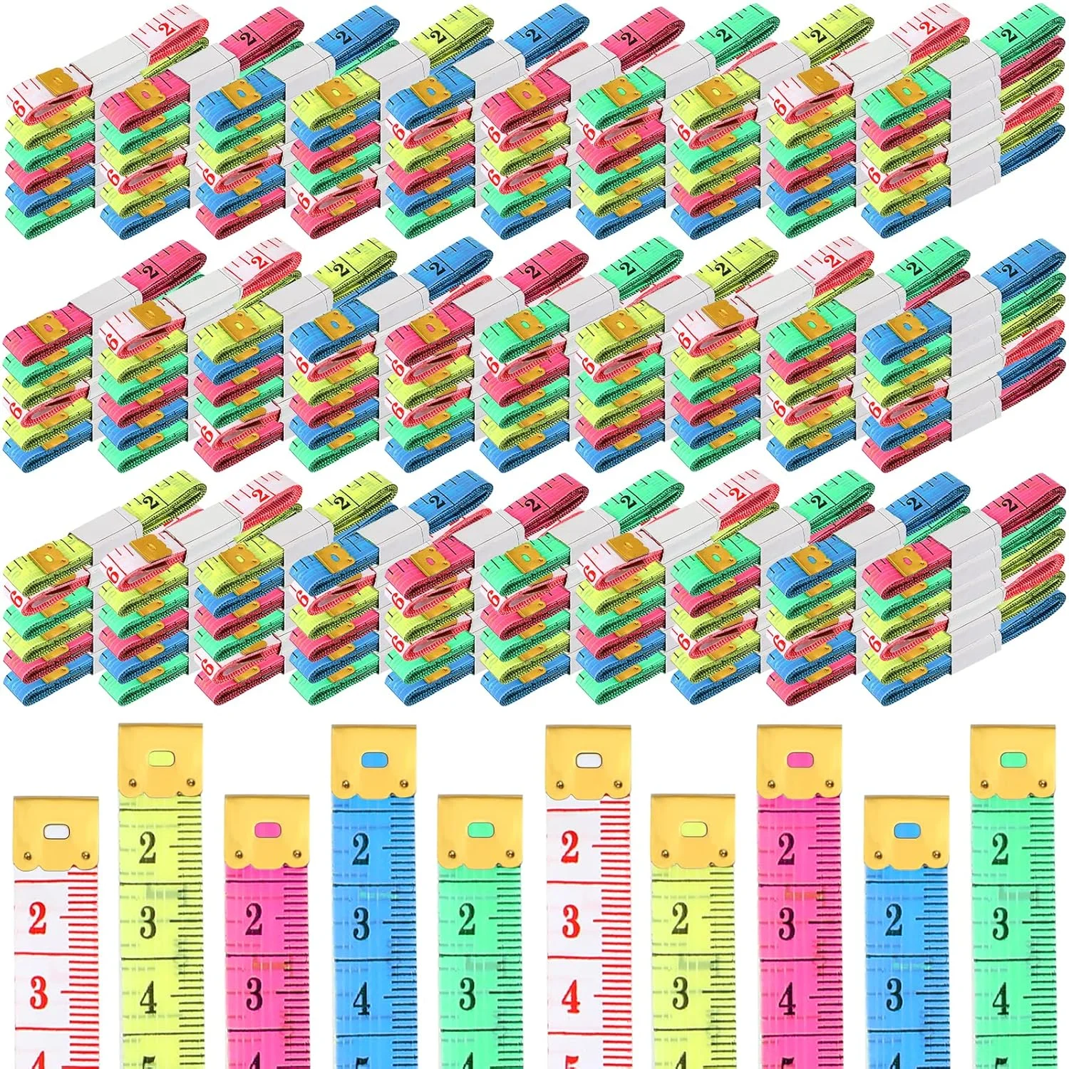 بسته 300 عددی متر خیاطی نرم دو طرفه 150 سانتی متر / 60 اینچ، متر اندازه گیری پارچه برای اندازه گیری بدن، متر نواری نرم برای لوازم خیاطی و صنایع دستی پارچه ای، چند رنگ تصادفی