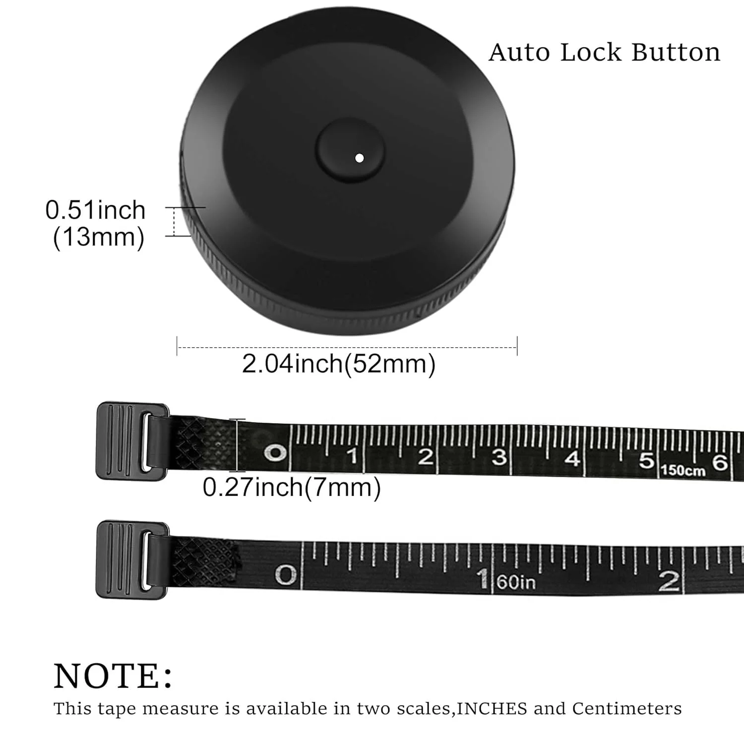متر خیاطی بدنه مین، 150 سانتی متری با مقیاس دوگانه، خط کش انعطاف پذیر خیاطی برای اندازه گیری وزن بدن، نوار اندازه گیری بدن وینیل (1 عدد / مشکی)