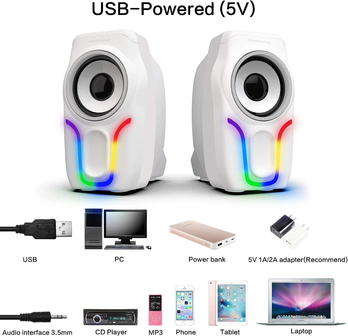 اسپیکر کامپیوتر، اسپیکرهای USB 2.0 استریو با کنترل صدا، دارای 6 جلوه نور پس زمینه RGB LED، اسپیکرهای گیمینگ مینی قابل حمل سیمی با 3.5 میلی متر برای کامپیوتر رومیزی/رایانه شخصی/لپ تاپ (سفید) اسپیکر کامپیوتر، اسپیکرهای USB 2.0 استریو با کنترل صدا، دارای 6 جلوه نور پس زمینه RGB LED، اسپیکرهای گیمینگ مینی قابل حمل سیمی با 3.5 میلی متر برای کامپیوتر رومیزی/رایانه شخصی/لپ تاپ (سفید)