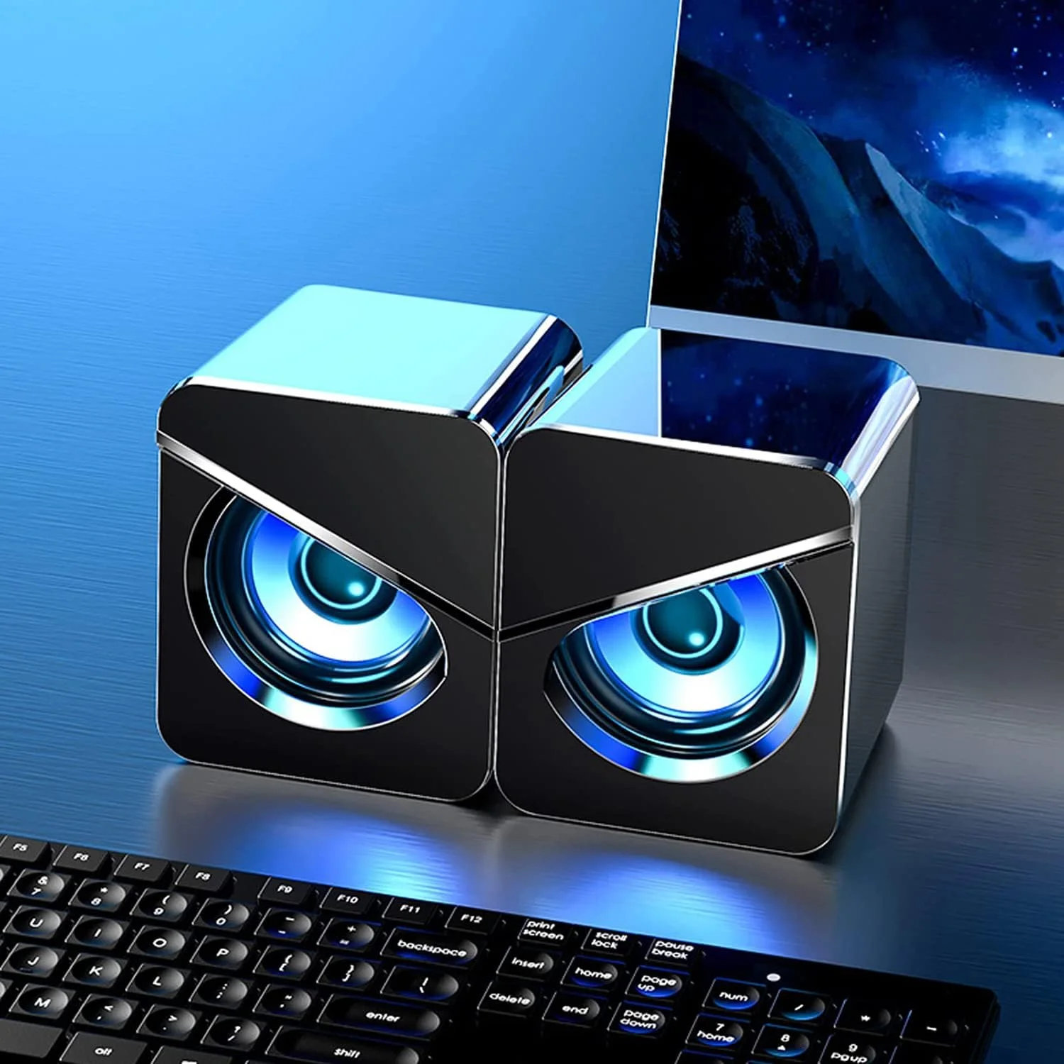 اسپیکر کامپیوتر فشن رومیزی سیمی USB با صدای استریو، اسپیکر مینی کامپیوتر، کنترل صدا چند رسانه ای، اسپیکر نور LED ساب ووفر برای مانیتور کامپیوتر، لپ تاپ، بازی، تلفن های هوشمند