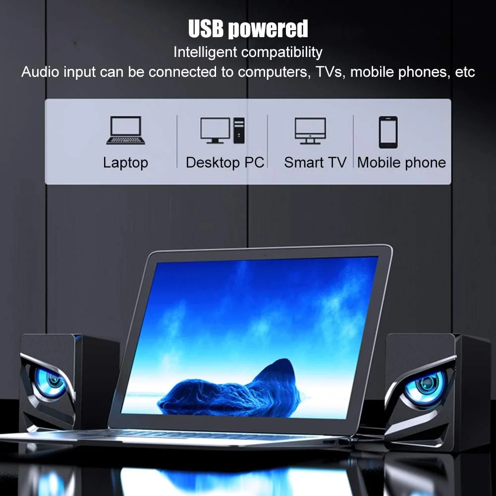 اسپیکرهای کامپیوتر سیم دار LED با طراحی جالب، مینی اسپیکر استریو ساب ووفر فراگیر USB 2.1 برای کامپیوتر اسپیکرهای کامپیوتر سیم دار LED با طراحی جالب، مینی اسپیکر استریو ساب ووفر فراگیر USB 2.1 برای کامپیوتر