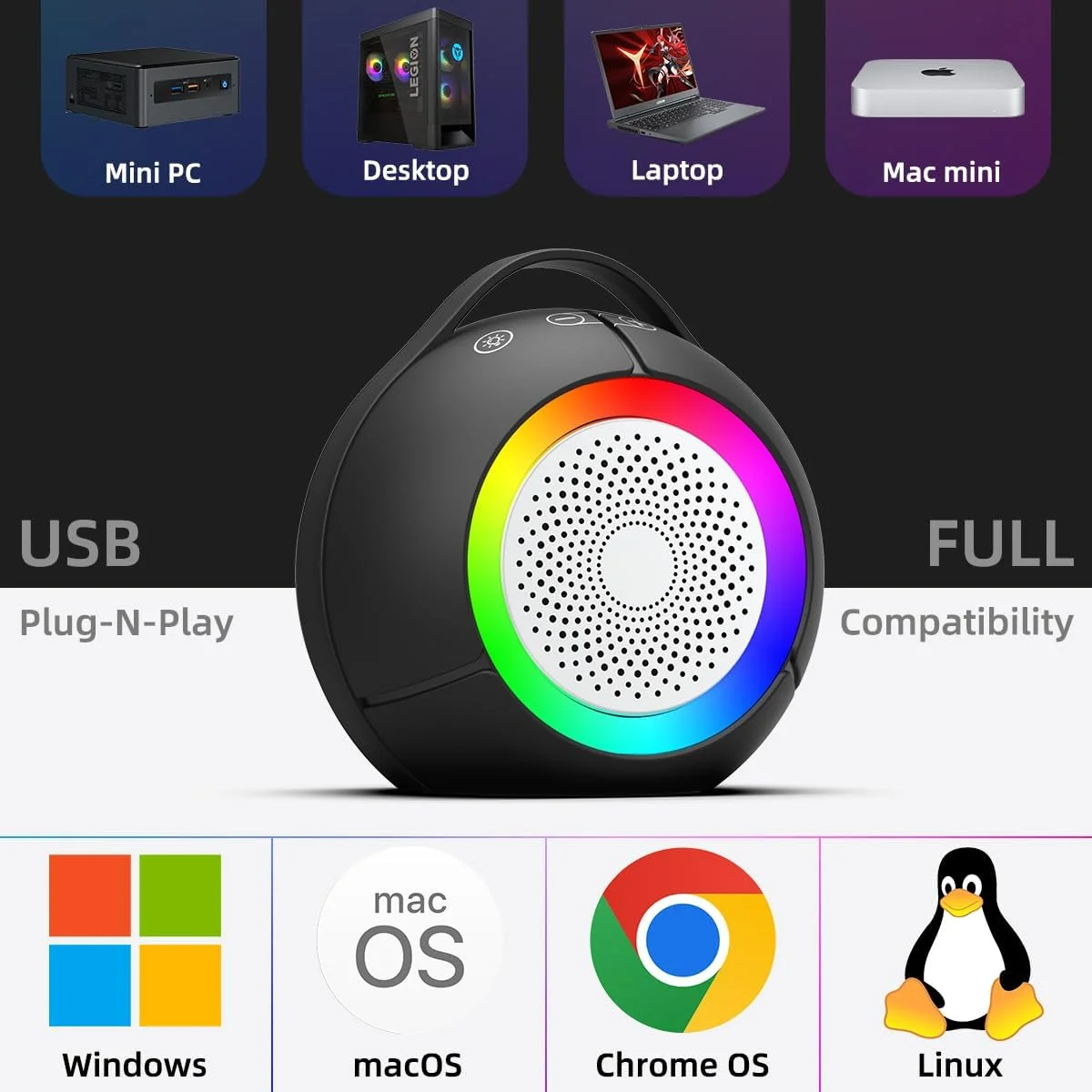 اسپیکر کامپیوتر USB برای کامپیوتر رومیزی | اسپیکرهای قابل حمل Plug-N-Play لپ تاپ با نور RGB پویا، صدای فوق العاده شفاف، صدای بلند، باس عمیق، کنترل لمسی، سازگار با ویندوز، macOS، ChromeOS