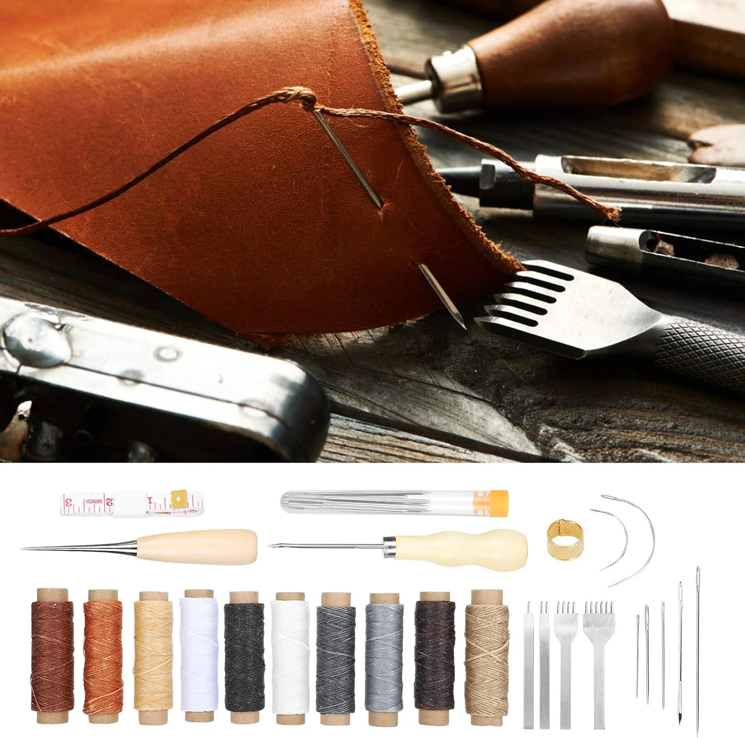 ست 37 عددی تعمیر چرم با درفش خیاطی/نخ موم زده چرم/سوزن خیاطی/متر نواری/جعبه نگهداری، کیت ابزار چرم دوزی برای مبتدیان و حرفه ای ها ست 37 عددی تعمیر چرم با درفش خیاطی/نخ موم زده چرم/سوزن خیاطی/متر نواری/جعبه نگهداری، کیت ابزار چرم دوزی برای مبتدیان و حرفه ای ها