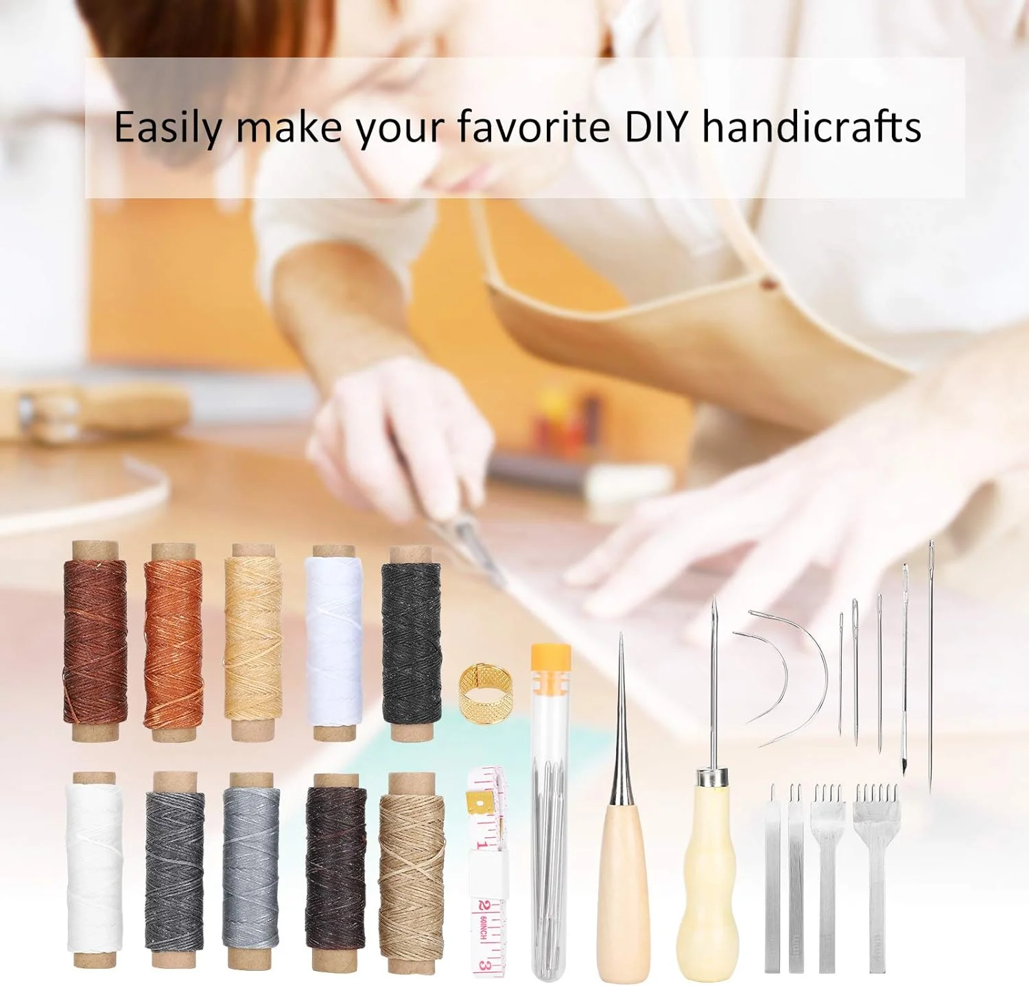 ست 37 عددی تعمیر چرم با درفش خیاطی/نخ موم زده چرم/سوزن خیاطی/متر نواری/جعبه نگهداری، کیت ابزار چرم دوزی برای مبتدیان و حرفه ای ها ست 37 عددی تعمیر چرم با درفش خیاطی/نخ موم زده چرم/سوزن خیاطی/متر نواری/جعبه نگهداری، کیت ابزار چرم دوزی برای مبتدیان و حرفه ای ها