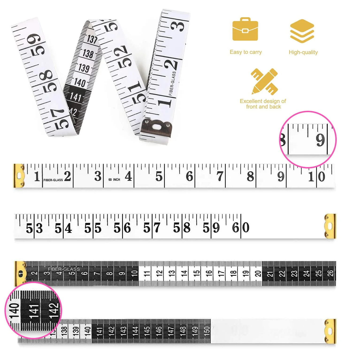 متر خیاطی نرم Jac&Olvia دو طرفه، نوار اندازه گیری بدن 150 سانتی متر/60 اینچ، مناسب خیاطی، بافتنی، اندازه گیری کاهش وزن، سفید