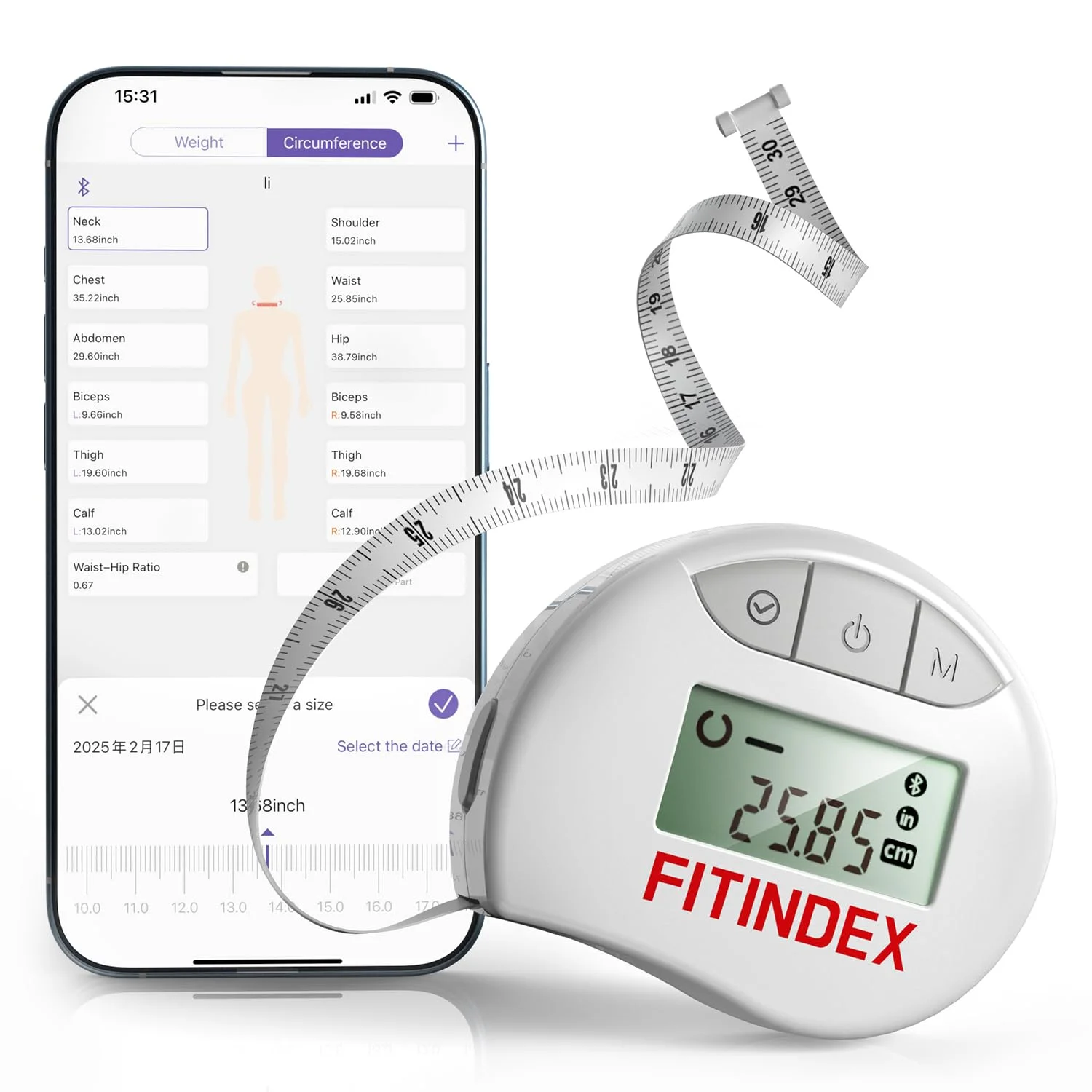 متر نواری دیجیتال بلوتوثی FITINDEX، متر خیاطی نرم، با نمایشگر LED، پین قفل، دکمه جمع شونده، اندازه گیری بدن از طریق اپلیکیشن متر نواری دیجیتال بلوتوثی FITINDEX، متر خیاطی نرم، با نمایشگر LED، پین قفل، دکمه جمع شونده، اندازه گیری بدن از طریق اپلیکیشن