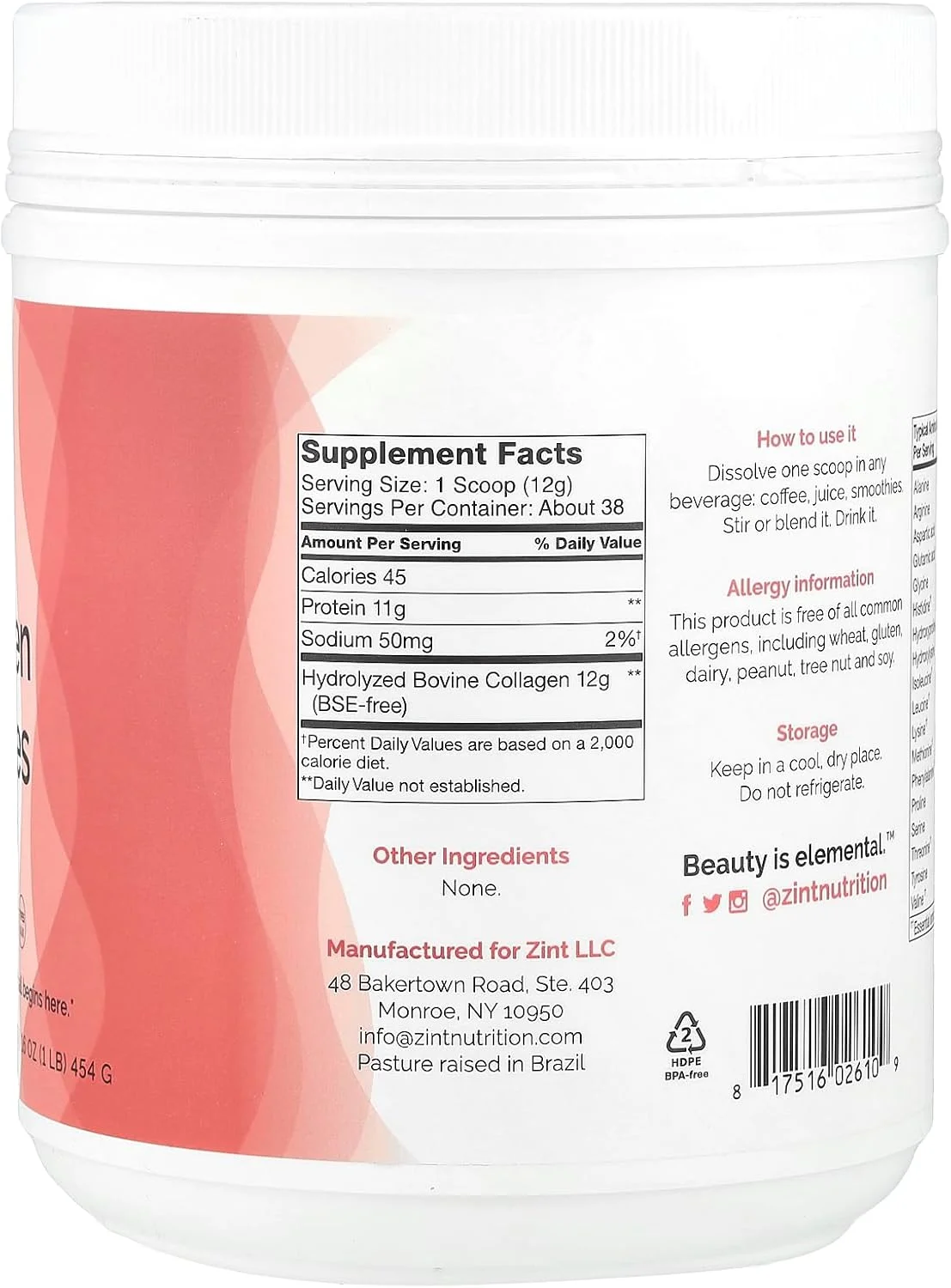 پودر پروتئین کلاژن هیدرولیز شده ضد پیری Zint (454 گرم)