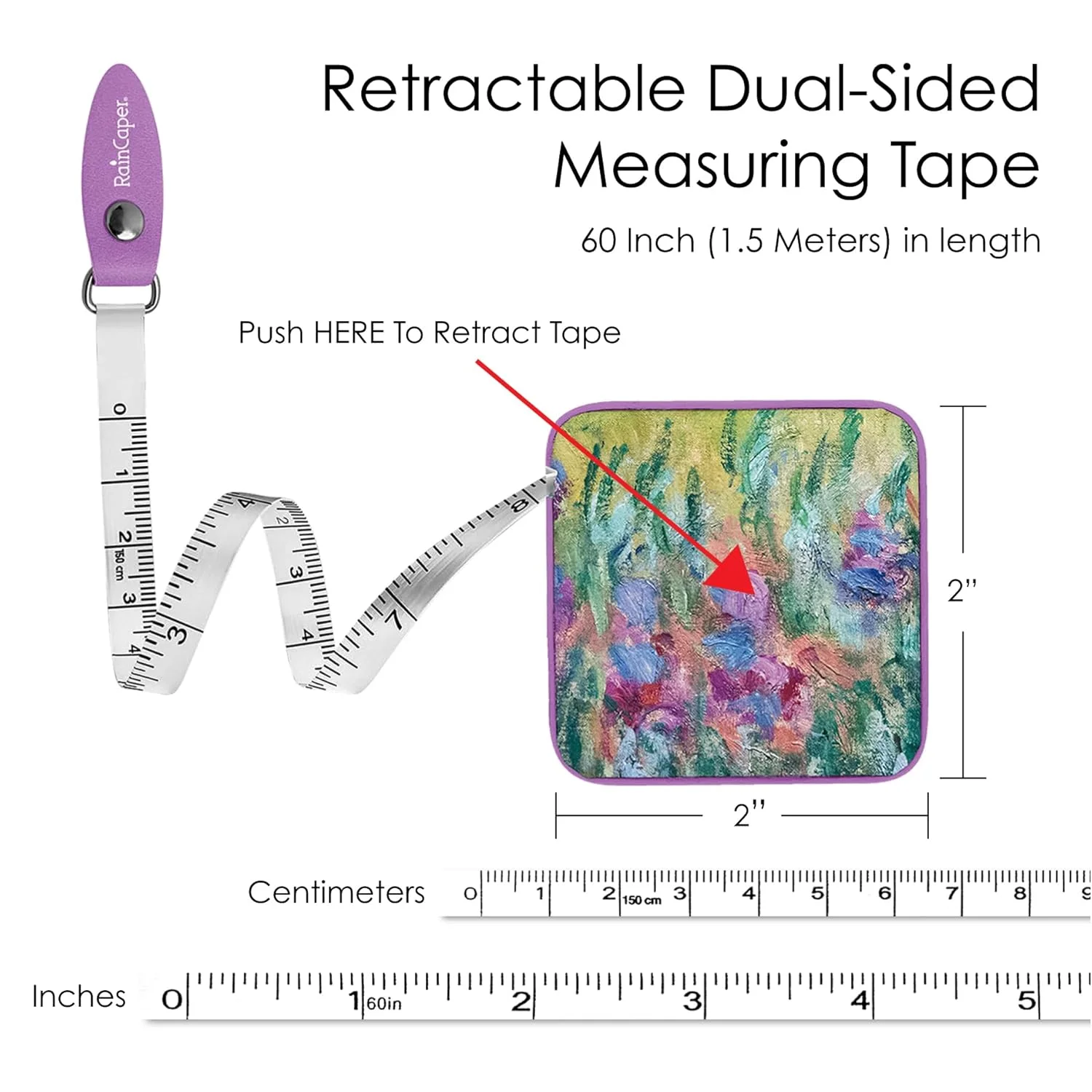 متر نواری جمع شونده فشرده RainCaper طرح باغ مونه در ژیورنی - ابزار اندازه گیری دو طرفه قابل حمل برای خیاطی و صنایع دستی با دکمه جمع شونده فشاری آسان (60 اینچ/150 سانتی متر) متر نواری جمع شونده فشرده RainCaper طرح باغ مونه در ژیورنی - ابزار اندازه گیری دو طرفه قابل حمل برای خیاطی و صنایع دستی با دکمه جمع شونده فشاری آسان (60 اینچ/150 سانتی متر)