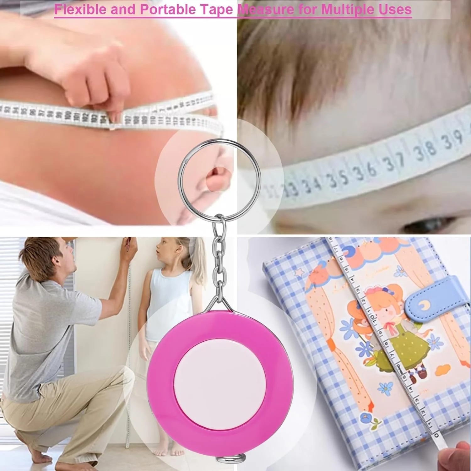 بسته 4 عددی متر نواری جمع شونده برای تناسب اندام، متر پارچه ای انعطاف پذیر 150 سانتی متری با جاکلیدی، متر خیاطی قابل حمل برای دور کمر، بدن، صورتی بسته 4 عددی متر نواری جمع شونده برای تناسب اندام، متر پارچه ای انعطاف پذیر 150 سانتی متری با جاکلیدی، متر خیاطی قابل حمل برای دور کمر، بدن، صورتی