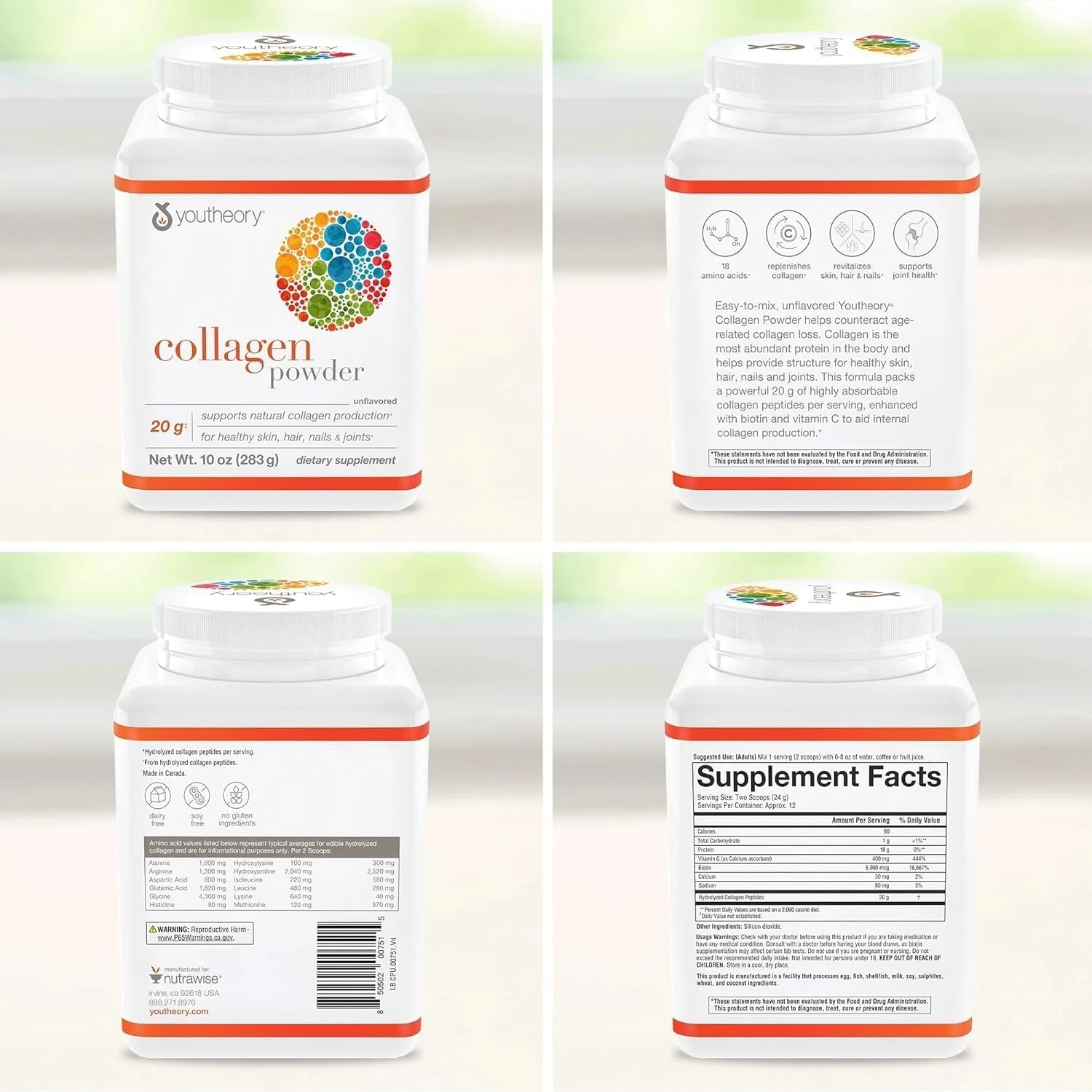 پودر کلاژن Youtheory - مکمل کلاژن ممتاز با ویتامین C و بیوتین - پشتیبانی از سلامت مو، ناخن، پوست و مفاصل* - فاقد لبنیات، سویا و گلوتن (283 گرم، بدون طعم) پودر کلاژن Youtheory - مکمل کلاژن ممتاز با ویتامین C و بیوتین - پشتیبانی از سلامت مو، ناخن، پوست و مفاصل* - فاقد لبنیات، سویا و گلوتن (283 گرم، بدون طعم)