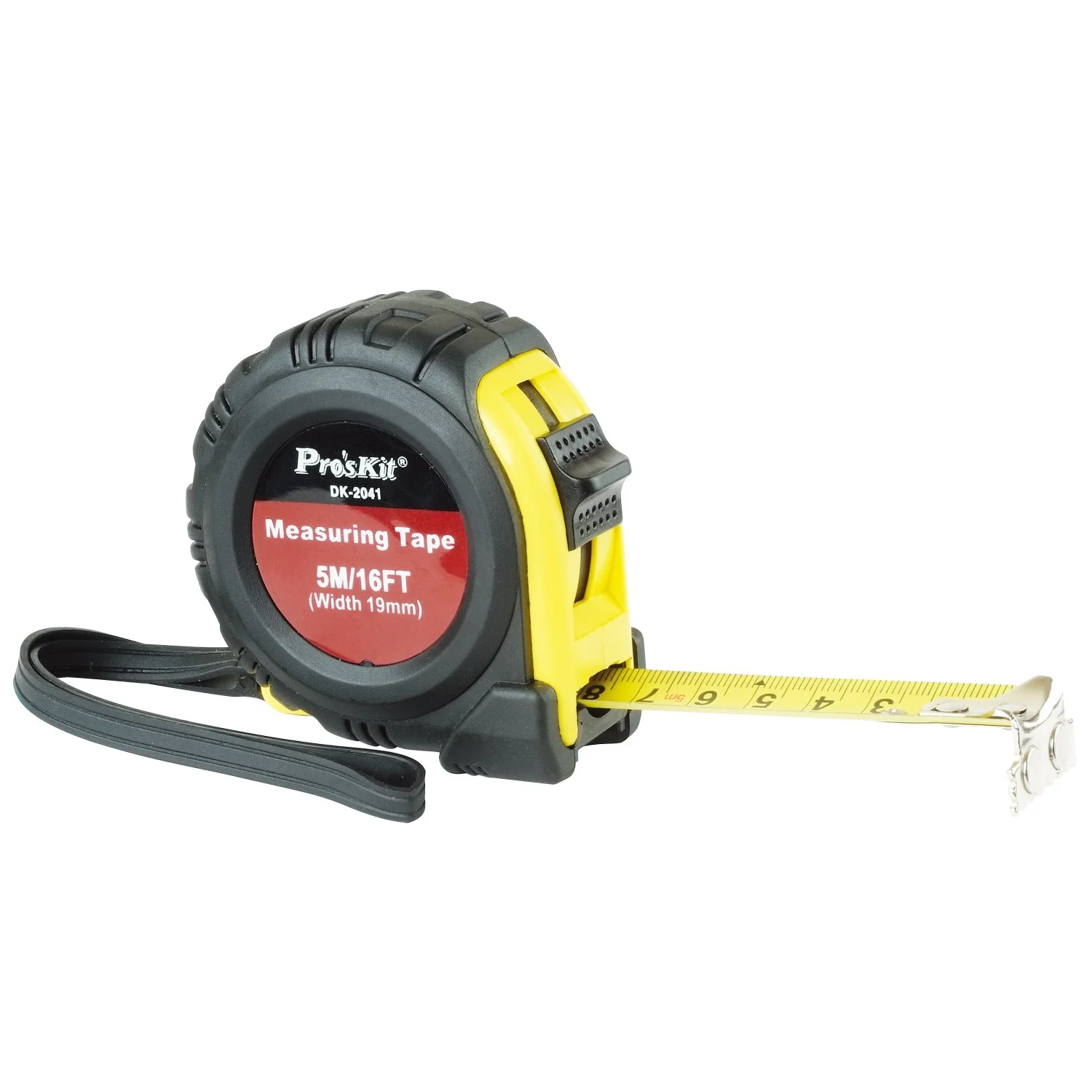 متر نواری Pro'sKit مدل DK-2041، زرد/سبز، طول 5 متر/16 فوت، عرض 19 میلی متر، روکش نایلونی، سر قلاب مغناطیسی