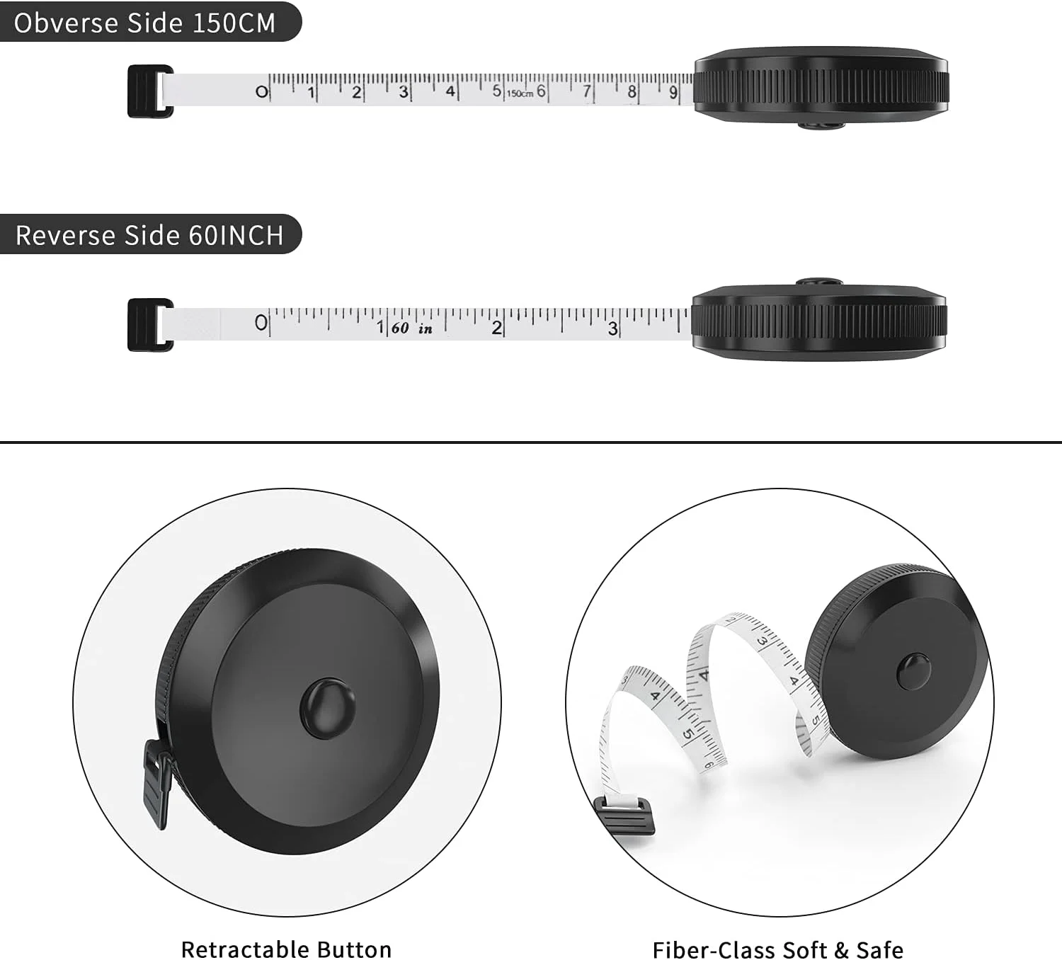 متر خیاطی نرم و جمع شونده 1.5 متری (60 اینچی) DiCUNO، جیبی، مناسب خیاطی، پارچه، رژیم غذایی (3 عدد مشکی)