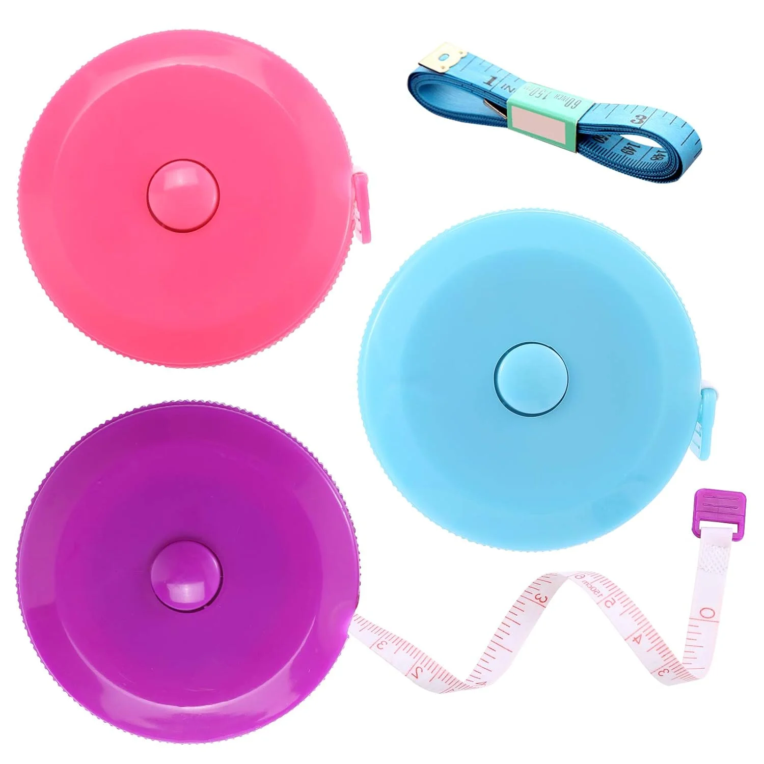 متر خیاطی بوشیبو، متر نواری جمع شونده 150 سانتی متری پارچه ای، متر کوچک خیاطی برای اندازه گیری پارچه، دور کمر، مصارف پزشکی، پرستاری، صنایع دستی و مسافرت (3 عددی/صورتی، بنفش، آبی آسمانی)