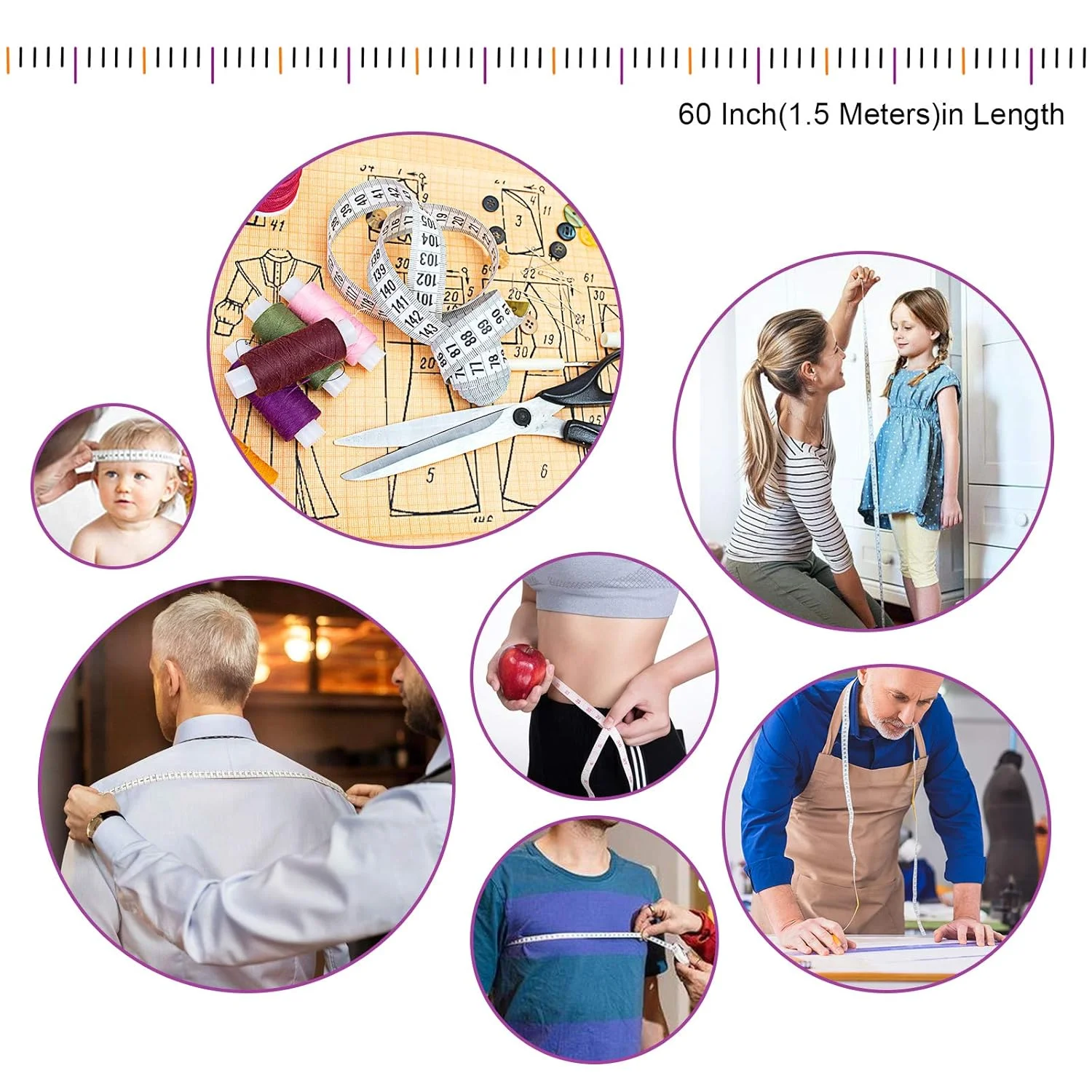 متر خیاطی بوشیبو، متر نواری جمع شونده 150 سانتی متری پارچه ای، متر کوچک خیاطی برای اندازه گیری پارچه، دور کمر، مصارف پزشکی، پرستاری، صنایع دستی و مسافرت (3 عددی/صورتی، بنفش، آبی آسمانی)