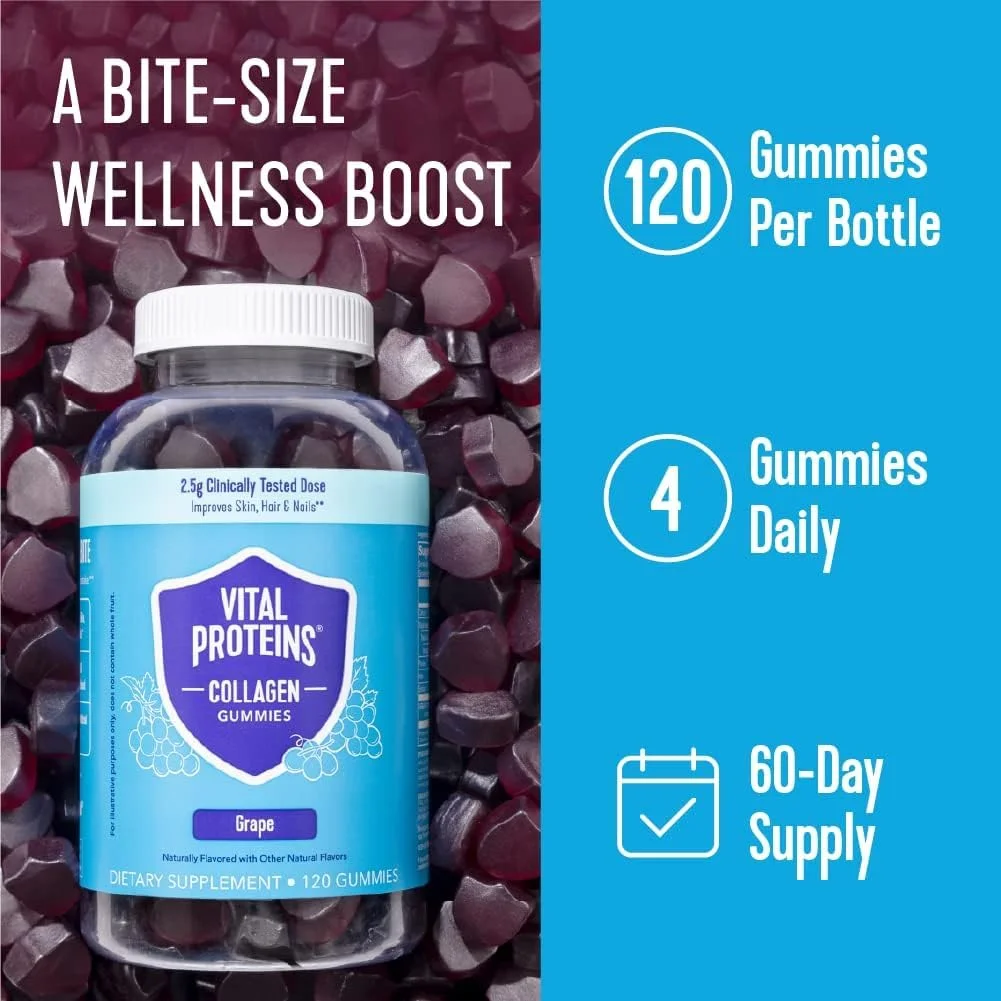 پاستیل کلاژن ویتال پروتئینز، 2.5 گرم کلاژن تست شده بالینی برای مو، پوست، ناخن و چین و چروک، 120 عدد، تامین 30 روزه، طعم انگور پاستیل کلاژن ویتال پروتئینز، 2.5 گرم کلاژن تست شده بالینی برای مو، پوست، ناخن و چین و چروک، 120 عدد، تامین 30 روزه، طعم انگور