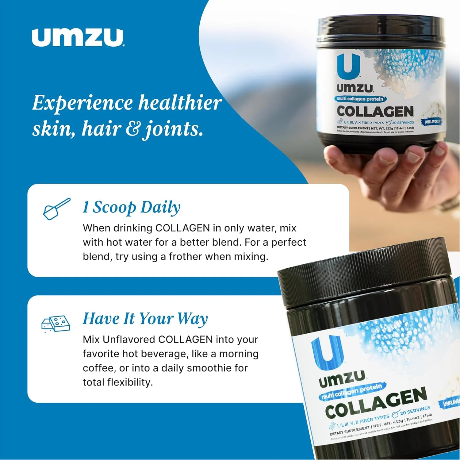 پروتئین کلاژن UMZU zuCollagen - پروتئین کلاژن چندگانه، پشتیبانی از پوست، مو، مفاصل و ریکاوری عضلات - بدون طعم، 80 کالری، 20 گرم پروتئین - 1 پیمانه در هر وعده (20 وعده) پروتئین کلاژن UMZU zuCollagen - پروتئین کلاژن چندگانه، پشتیبانی از پوست، مو، مفاصل و ریکاوری عضلات - بدون طعم، 80 کالری، 20 گرم پروتئین - 1 پیمانه در هر وعده (20 وعده)