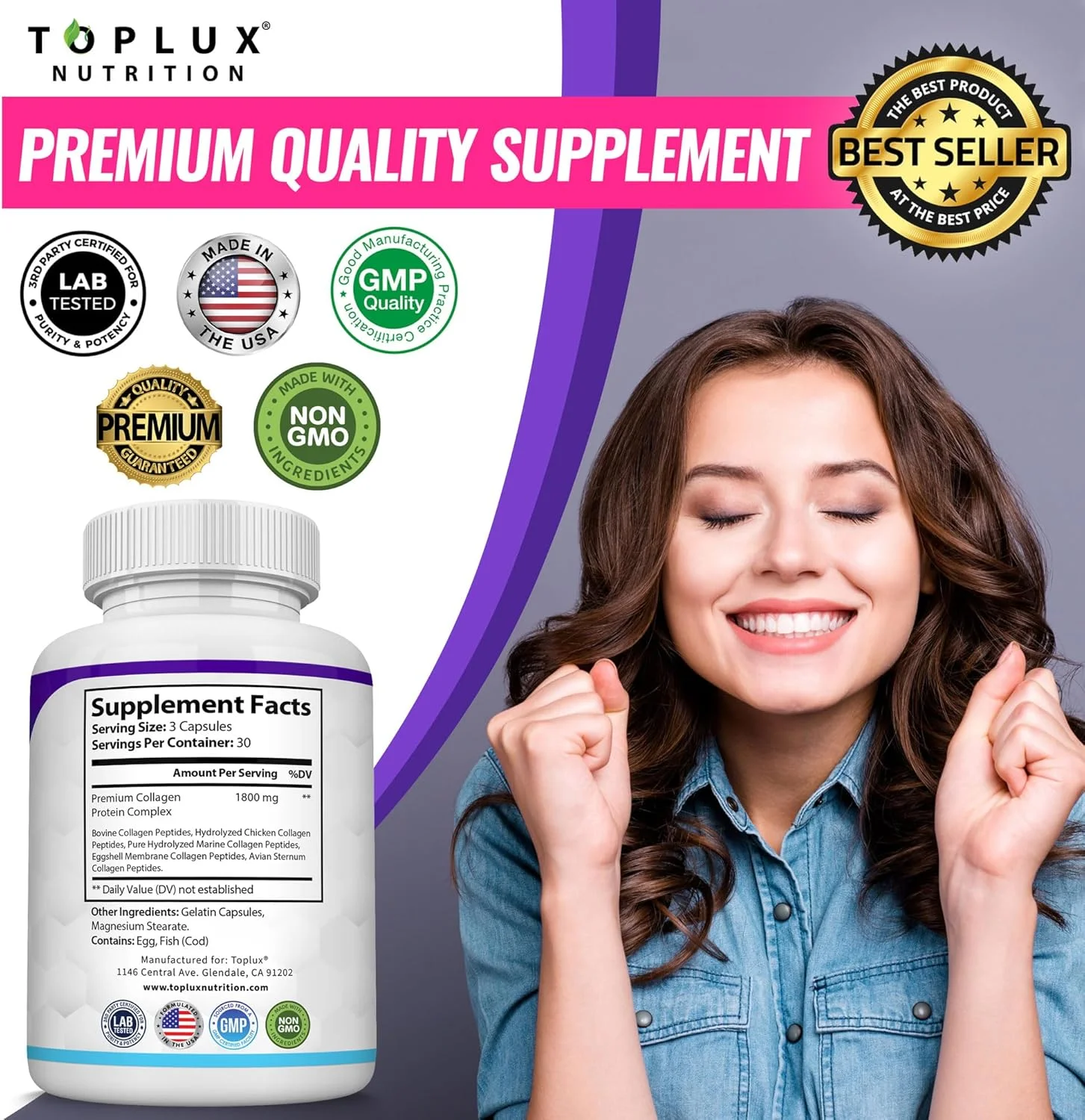 قرص های پپتیدهای کلاژن چندگانه Toplux 1500 میلی گرم - کمپلکس کلاژن ممتاز نوع I، II، III، V، X برای پوست و موی بهتر، مفاصل قوی، پروتئین هیدرولیز شده، برای مردان و زنان، 90 کپسول، مکمل قرص های پپتیدهای کلاژن چندگانه Toplux 1500 میلی گرم - کمپلکس کلاژن ممتاز نوع I، II، III، V، X برای پوست و موی بهتر، مفاصل قوی، پروتئین هیدرولیز شده، برای مردان و زنان، 90 کپسول، مکمل