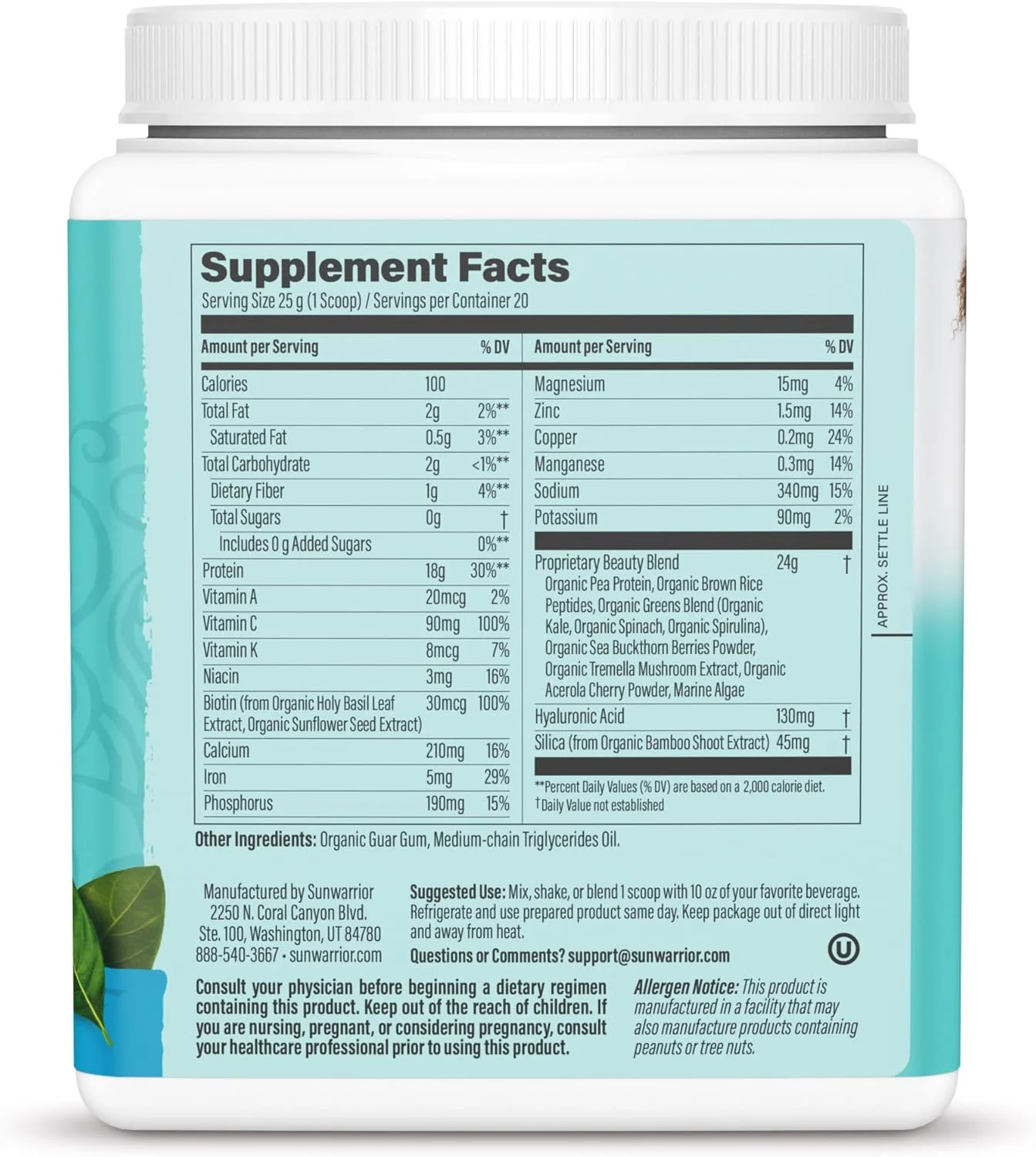 پودر پپتیدهای پروتئینی کلاژن ساز گیاهی سان واریر بدون طعم، حاوی اسید هیالورونیک و بیوتین برای حمایت از پوست، مو و ناخن. 1.1 پوند (500 گرم)