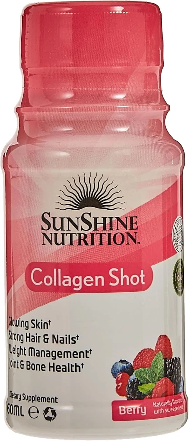 نوشیدنی کلاژن سان شاین نوتریشن (12 بطری X 60 میلی لیتر) بهترین فرمول برای مو، پوست و ناخن های سالم | بدون چربی و شکر | طعم توت