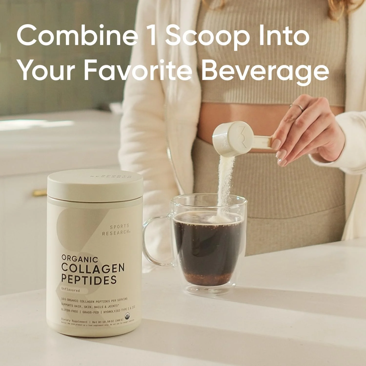 پپتیدهای کلاژن ارگانیک Sports Research - پودر پروتئین کلاژن هیدرولیز شده نوع I و III که به طور پایدار از گاوهای تغذیه شده با علف تهیه شده است - بدون طعم، دارای گواهی ارگانیک و بدون گلوتن - 30 سروینگ