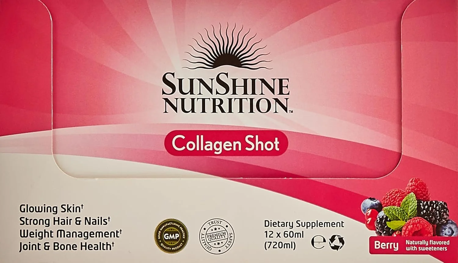 نوشیدنی کلاژن سان شاین نوتریشن (12 بطری X 60 میلی لیتر) بهترین فرمول برای مو، پوست و ناخن های سالم | بدون چربی و شکر | طعم توت