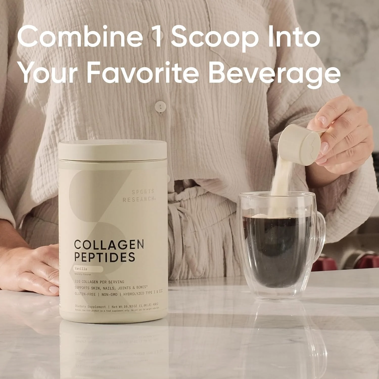 پپتیدهای کلاژن هیدرولیز شده نوع I و III Sports Research، طعم وانیل، 480 گرم