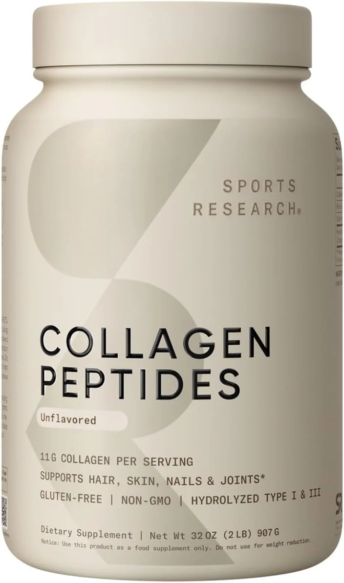 پودر پپتیدهای کلاژن Sports Research، تغذیه شده با علف، دارای گواهی Paleo Friendly، غیر GMO و بدون گلوتن، شیشه 'XL'، 32oz - بدون طعم