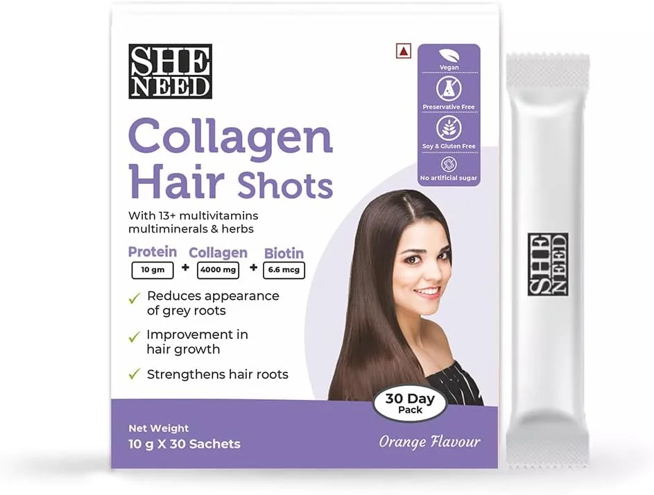 شات کلاژن مو SheNeed با پروتئین و بیوتین - کاهش موهای سفید و تقویت ریشه - 15 گرم × 30 ساشه