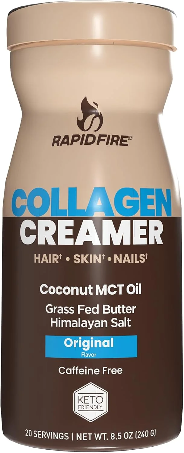 کرم کلاژن رپید فایر با طعم طبیعی - 214 گرم (20 سروینگ)، برای سلامت مو، پوست و ناخن، با روغن MCT + کره گاوی + نمک هیمالیا، مناسب برای رژیم کتو