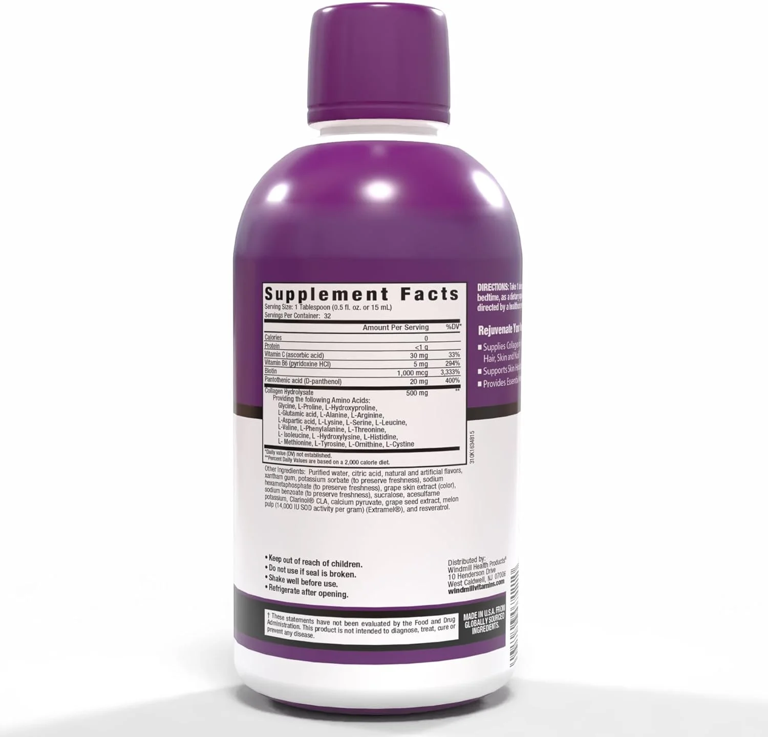 محلول کلاژن زیبایی رژویکر با آمینو اسیدها، پروتئین و بیوتین، طعم انگور لذیذ، 32 سروینگ