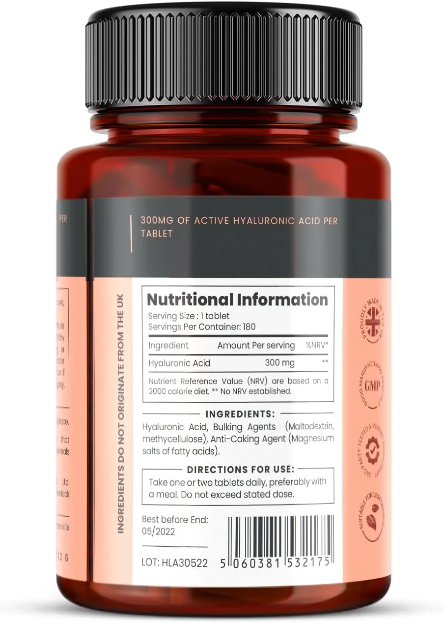 قرص هیالورونیک اسید 300 میلی گرمی Pureclinica، 360 عدد (2 بطری 180 عددی - تامین 12 ماهه). هیالورونیک اسید با قدرت سه برابر. 300٪ قوی تر از هر قرص HLA دیگر.