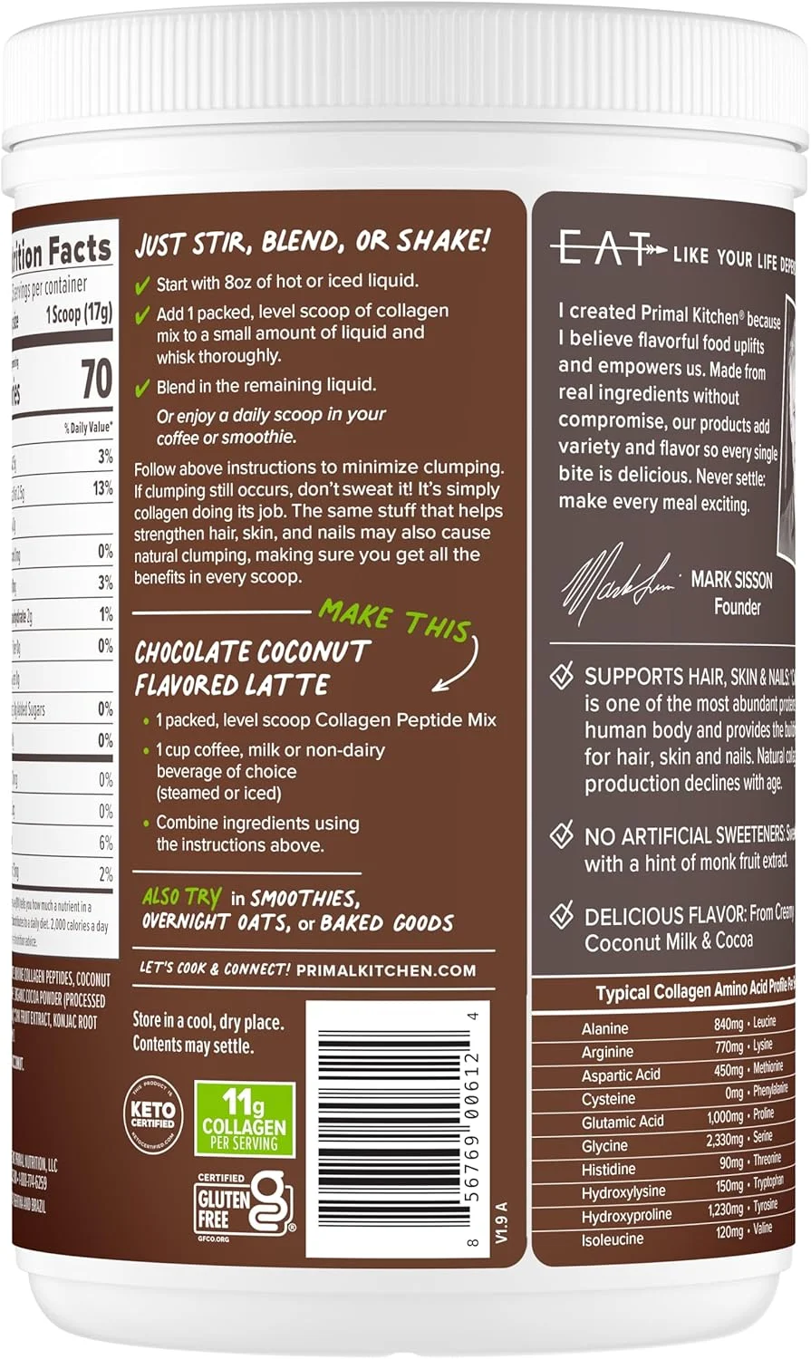 پودر نوشیدنی سوخت پپتید کلاژن تغذیه شده با علف Primal Kitchen - طعم شکلات نارگیل