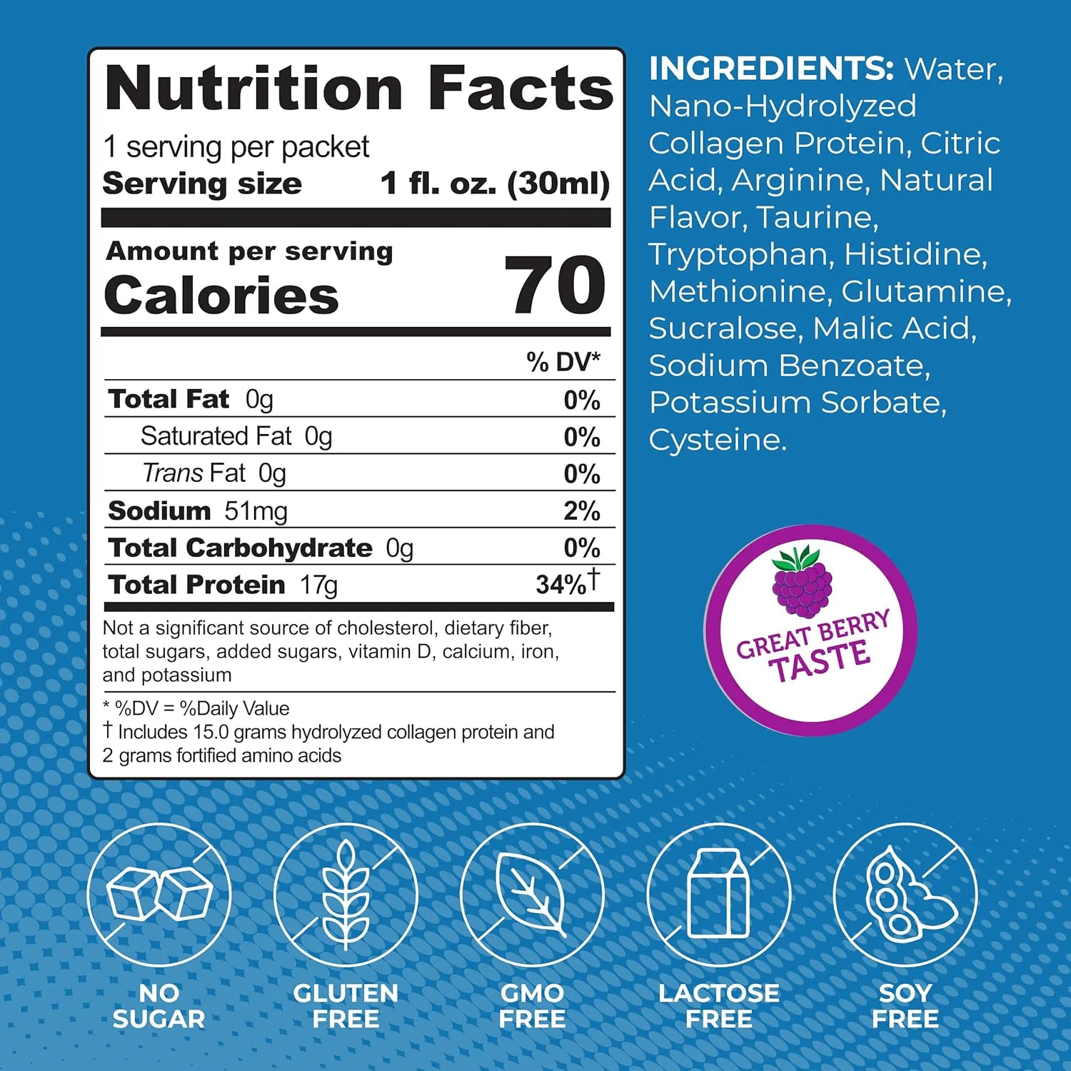 شات پروتئین کلاژن مایع ProT Gold، 17 گرم پروتئین شفاف کلاژن نانو هیدرولیز شده با تغذیه علف، 2 گرم آرژنین برای حمایت از زخم، بدون گلوتن، بدون شکر، 0 گرم کربوهیدرات، غیر GMO، توت، 1 fl oz، بسته 24 عددی