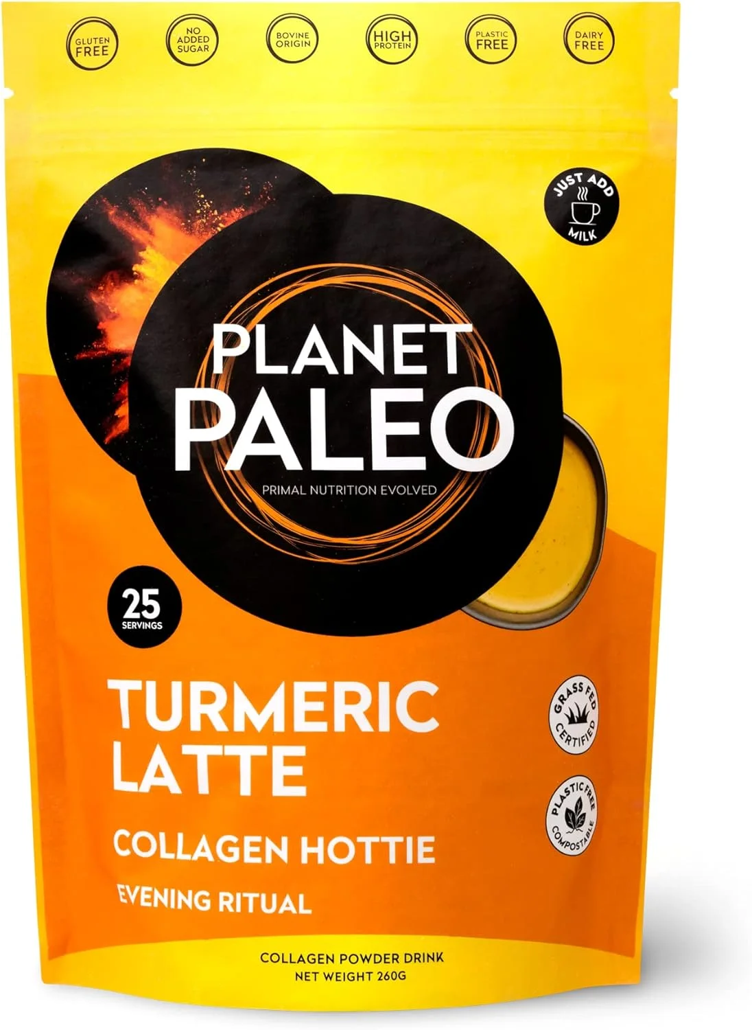 پودر کلاژن خالص Planet Paleo - لاته زردچوبه (260 گرم، 25 سروینگ) | جایگزین مغذی و غنی از پروتئین برای قهوه | سرشار از آنتی اکسیدان | اکسیر شبانه برای حمایت از تعادل و شادابی
