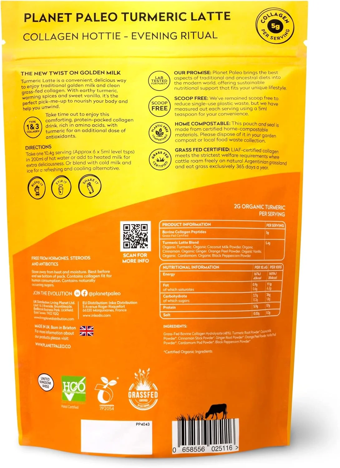 پودر کلاژن خالص Planet Paleo - لاته زردچوبه (260 گرم، 25 سروینگ) | جایگزین مغذی و غنی از پروتئین برای قهوه | سرشار از آنتی اکسیدان | اکسیر شبانه برای حمایت از تعادل و شادابی