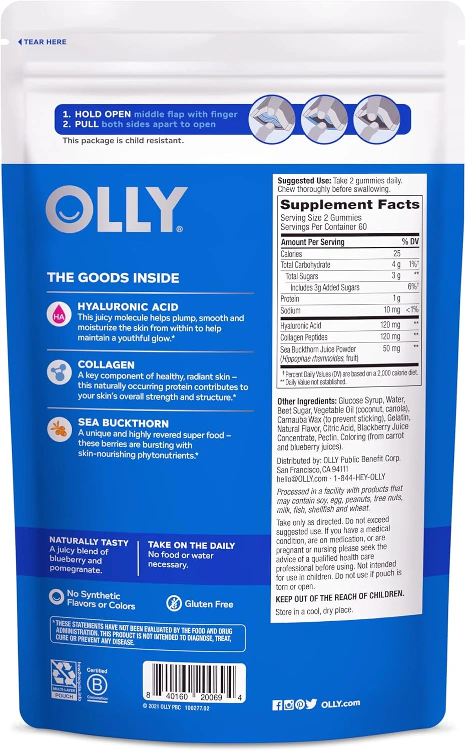 پاستیل کلاژن پوست درخشان OLLY، پوست هیدراته و جوان، اسید هیالورونیک، سنجد دریایی، مکمل جویدنی، توت، تامین 60 روزه - بسته 120 عددی