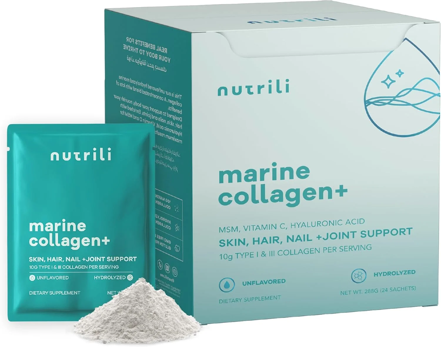 Nutrili Marine Collagen+ | MSM، اسید هیالورونیک و ویتامین C | سلامت پوست، مفاصل، مو، روده و استخوان (24 ساشه)