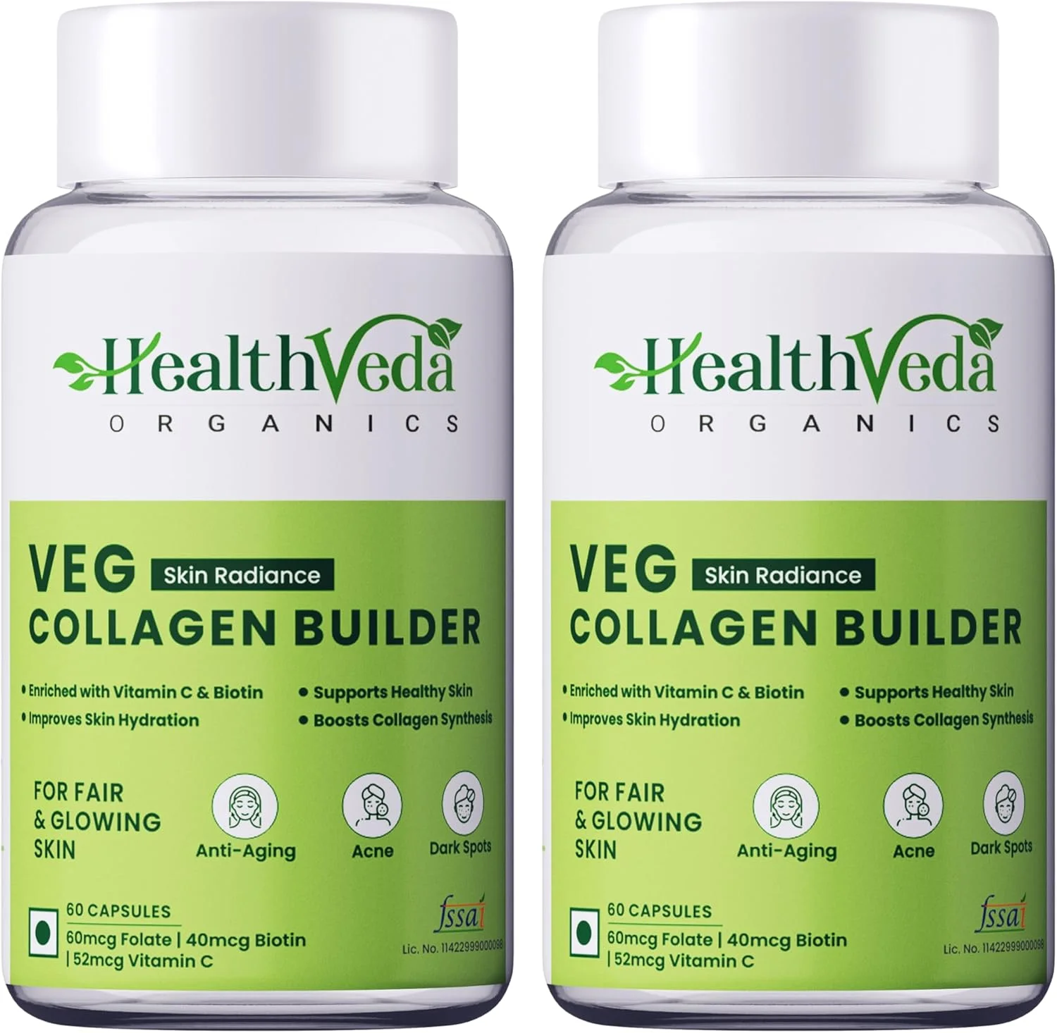 کپسول های کلاژن ساز گیاهی Health Veda Organics برای درخشندگی پوست با ویتامین C و بیوتین، 120 کپسول گیاهی | پشتیبانی از پوست سالم، موهای قوی تر، ناخن ها و مفاصل | برای مردان و زنان |