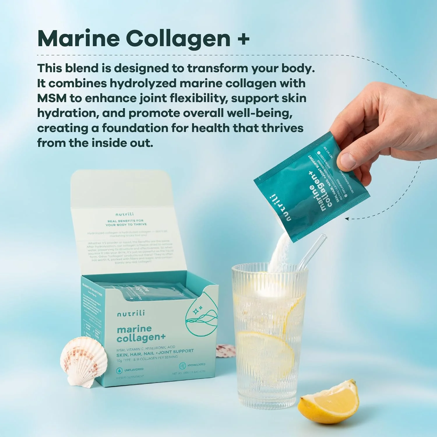 Nutrili Marine Collagen+ | MSM، اسید هیالورونیک و ویتامین C | سلامت پوست، مفاصل، مو، روده و استخوان (24 ساشه) Nutrili Marine Collagen+ | MSM، اسید هیالورونیک و ویتامین C | سلامت پوست، مفاصل، مو، روده و استخوان (24 ساشه)