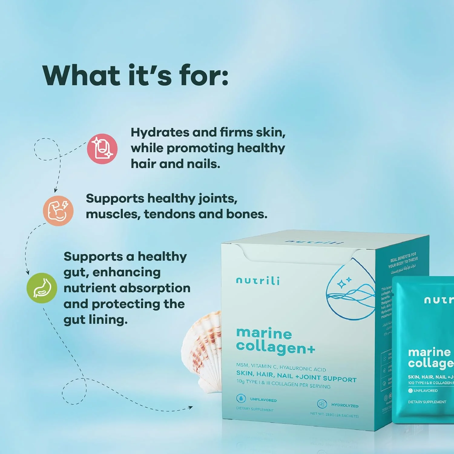 Nutrili Marine Collagen+ | MSM، اسید هیالورونیک و ویتامین C | سلامت پوست، مفاصل، مو، روده و استخوان (24 ساشه) Nutrili Marine Collagen+ | MSM، اسید هیالورونیک و ویتامین C | سلامت پوست، مفاصل، مو، روده و استخوان (24 ساشه)