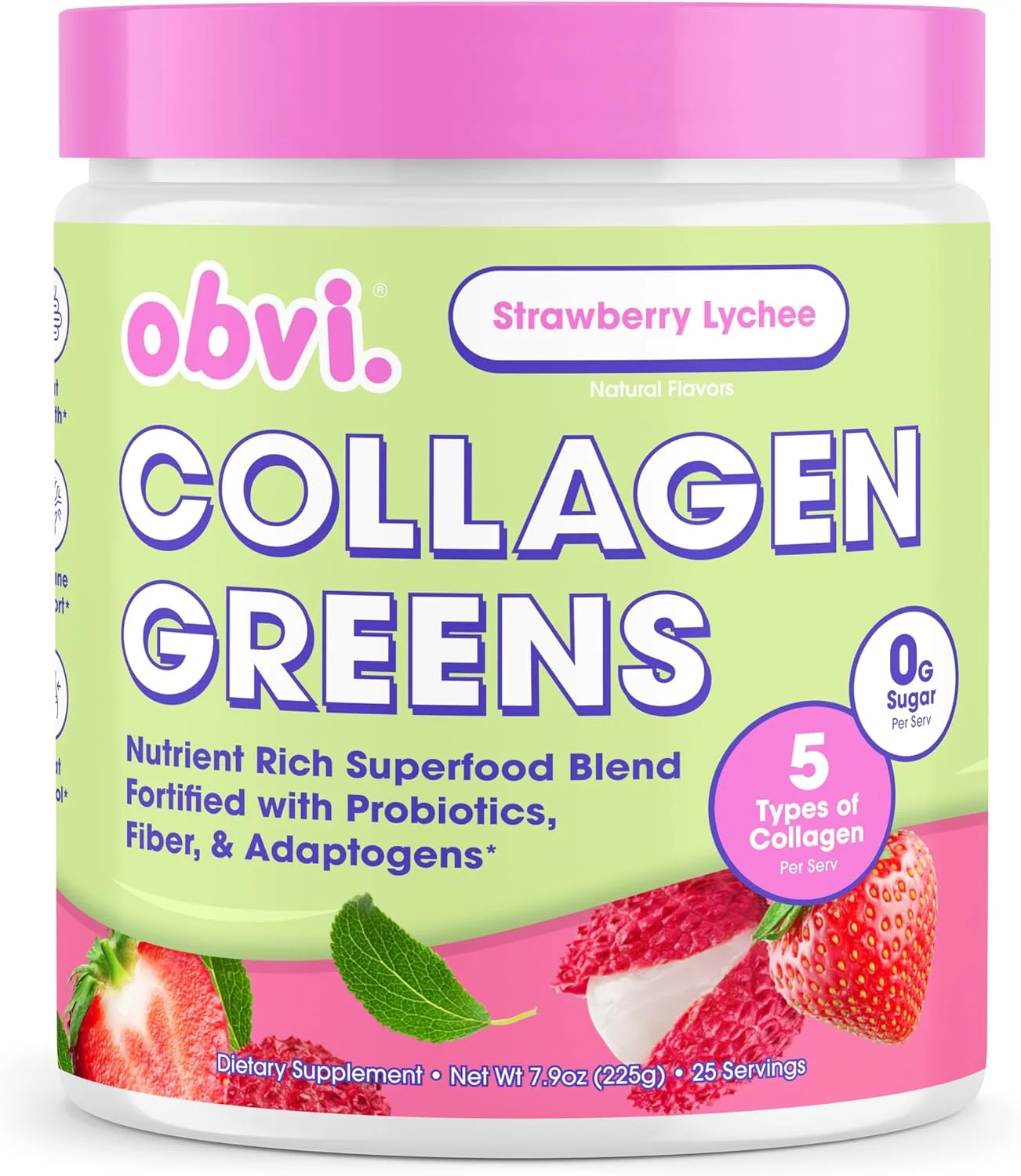 پودر سوپرفود سبزیجات ارگانیک Obvi Collagen Greens با پپتیدهای کلاژن | پروبیوتیک برای سلامت روده، پوست، مو، ناخن | بدون گلوتن، بدون شکر | طعم توت فرنگی و لیچی، 25 سروینگ