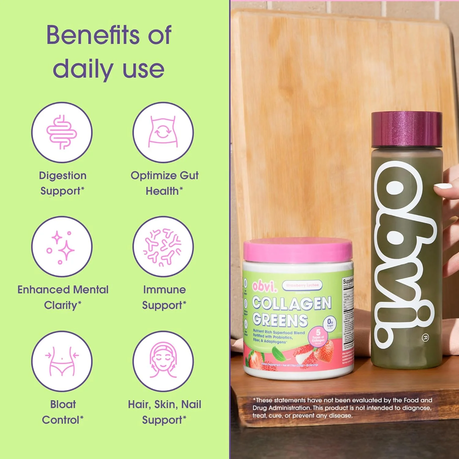 پودر سوپرفود سبزیجات ارگانیک Obvi Collagen Greens با پپتیدهای کلاژن | پروبیوتیک برای سلامت روده، پوست، مو، ناخن | بدون گلوتن، بدون شکر | طعم توت فرنگی و لیچی، 25 سروینگ