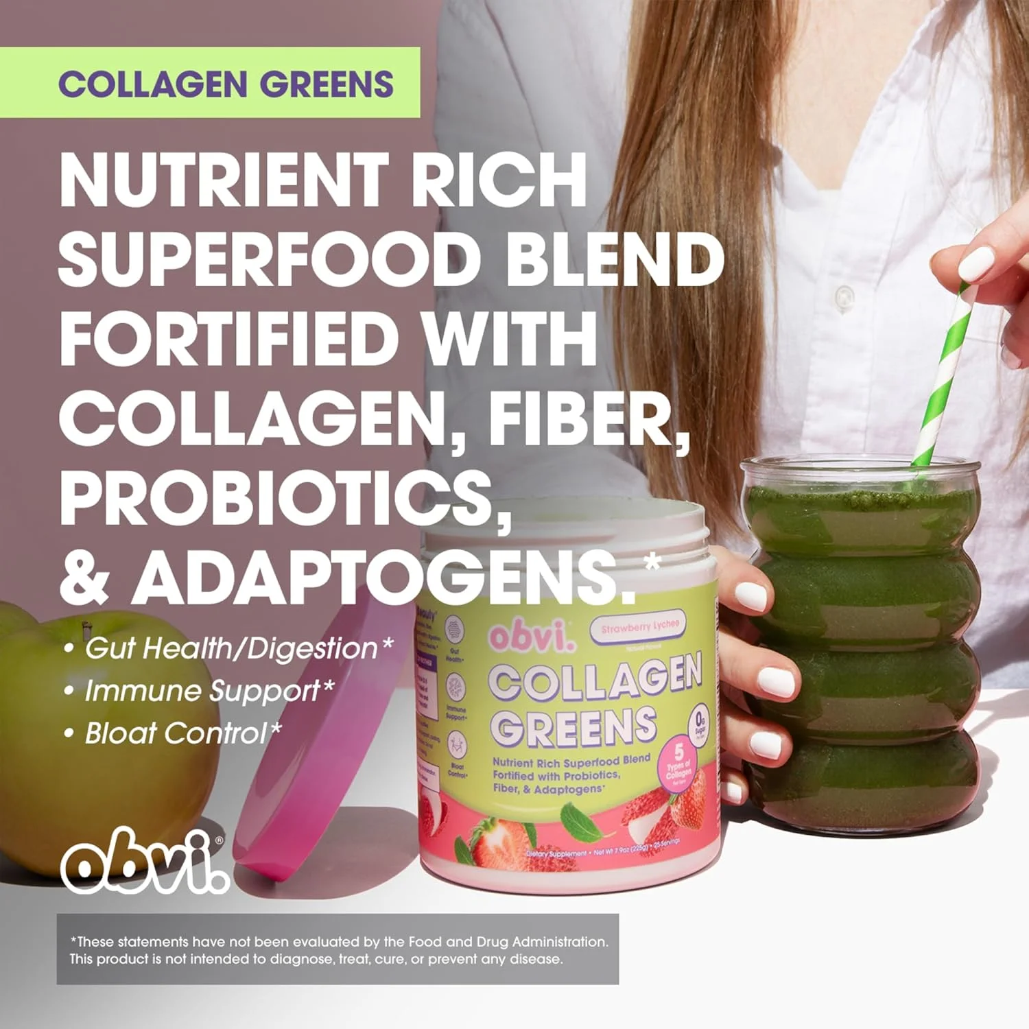 پودر سوپرفود سبزیجات ارگانیک Obvi Collagen Greens با پپتیدهای کلاژن | پروبیوتیک برای سلامت روده، پوست، مو، ناخن | بدون گلوتن، بدون شکر | طعم توت فرنگی و لیچی، 25 سروینگ